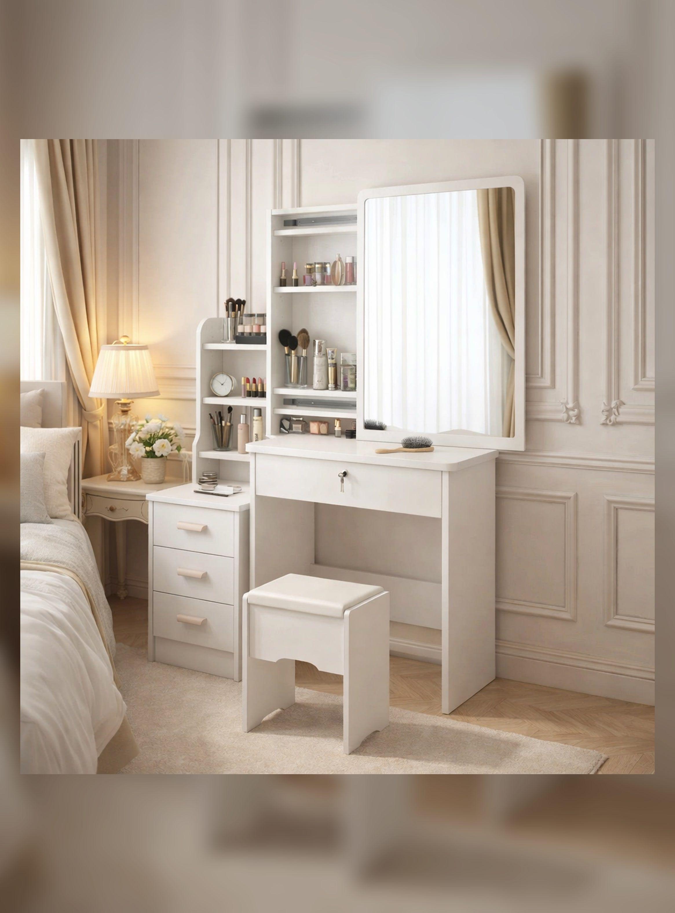 Tocador Madera Con Espejo Movible 100*40*131cm Con Taburete-1