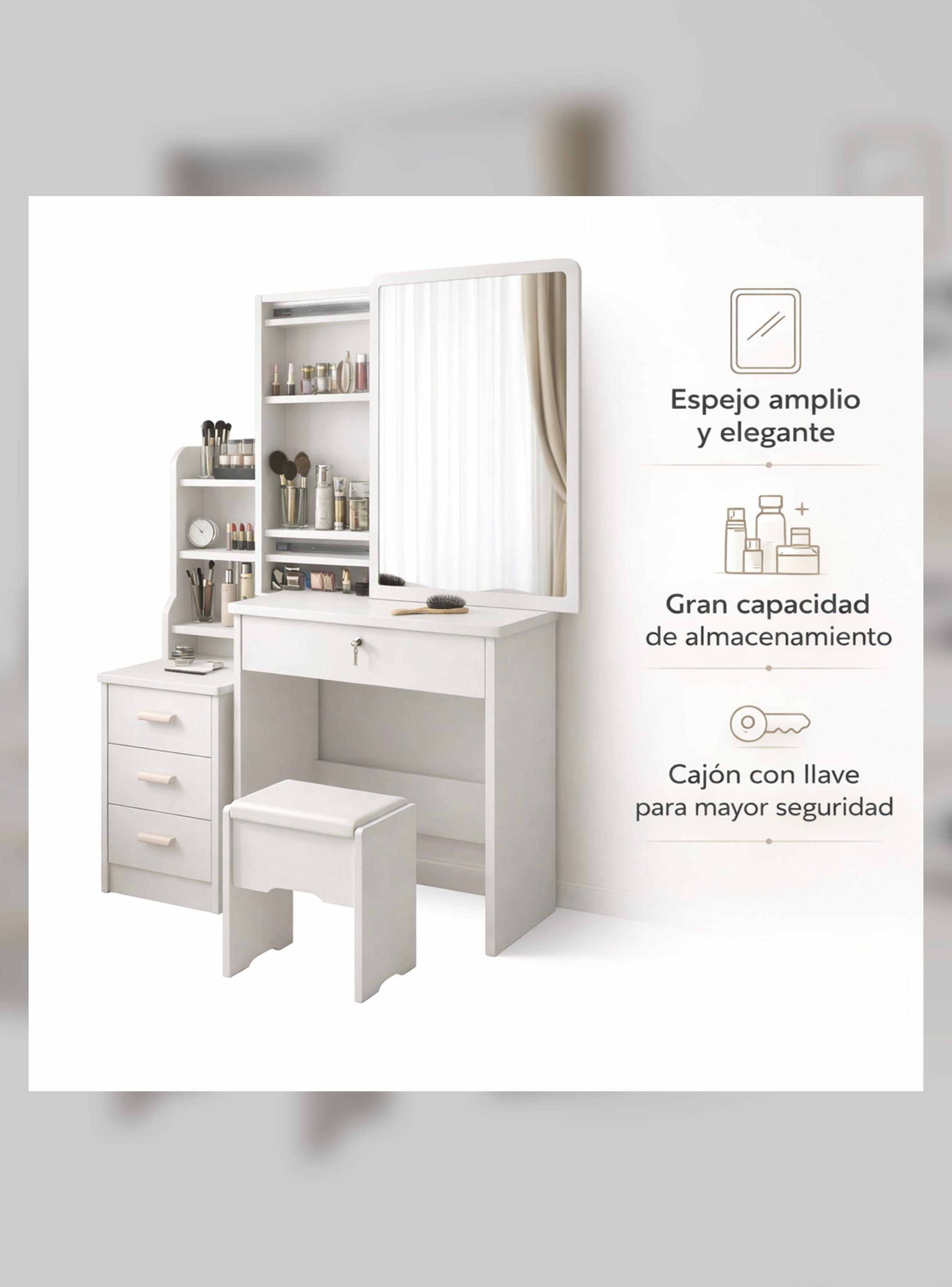 Tocador Madera Con Espejo Movible 100*40*131cm Con Taburete-2