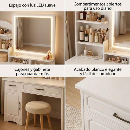 Tocador Espejo Con Luz Con Repisa Y Cajonera 137x80x40cm Blanco-2