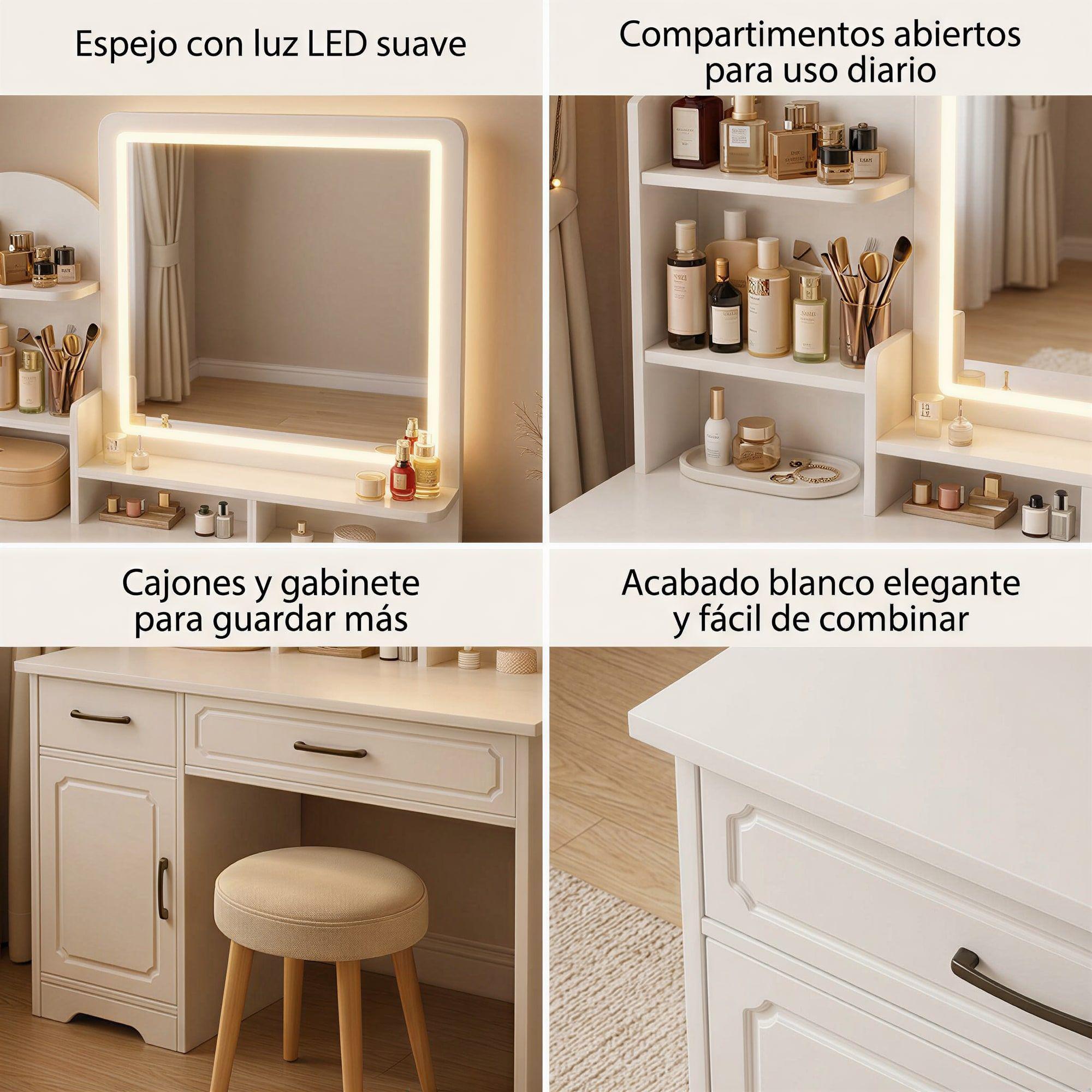 Tocador Espejo Con Luz Con Repisa Y Cajonera 137x80x40cm Blanco-2