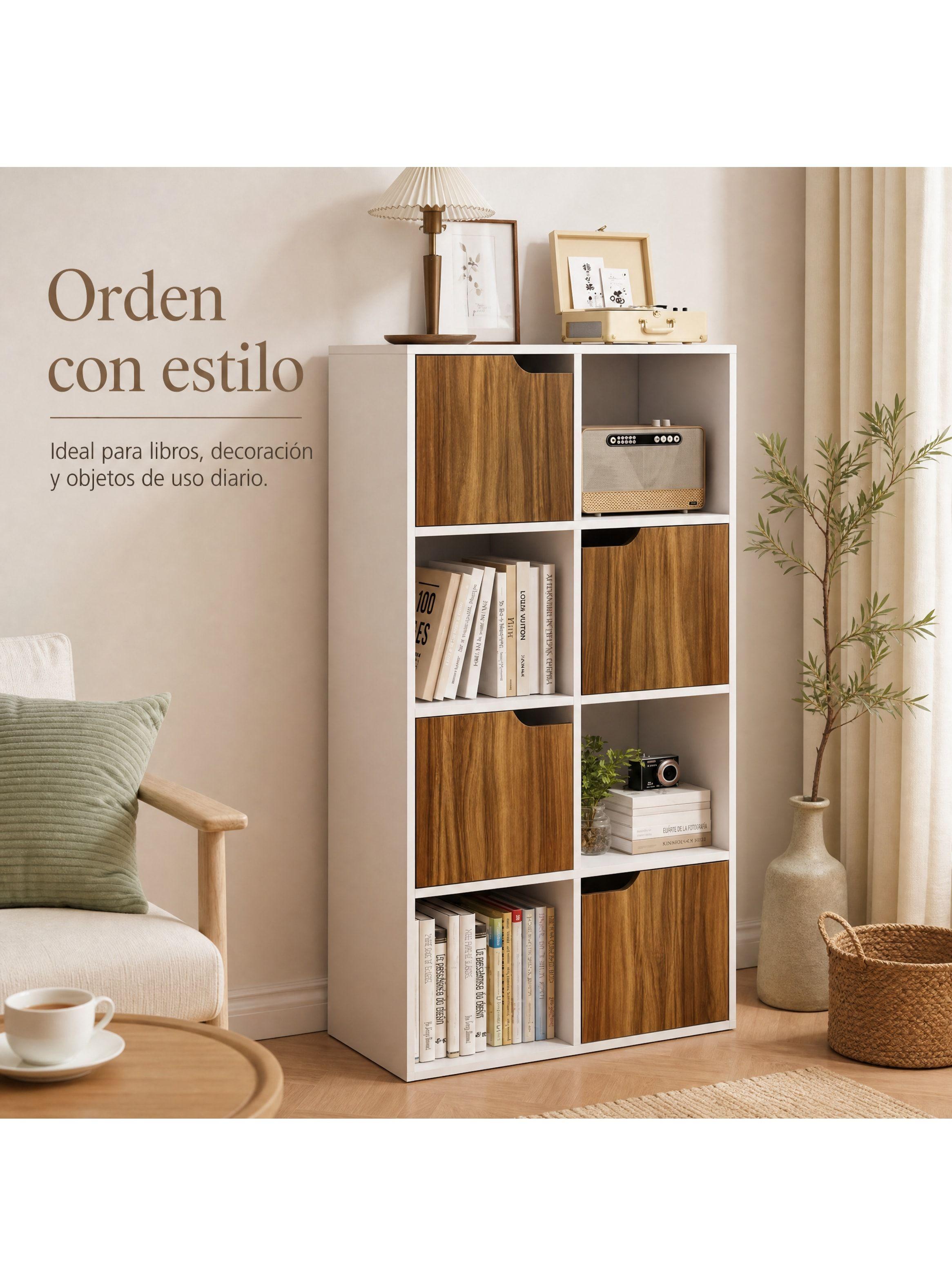 Biblioteca Librero Organizador Multiuso 8 Cubos 4 Puertas Blanco Y Marrón SGG05855H-7