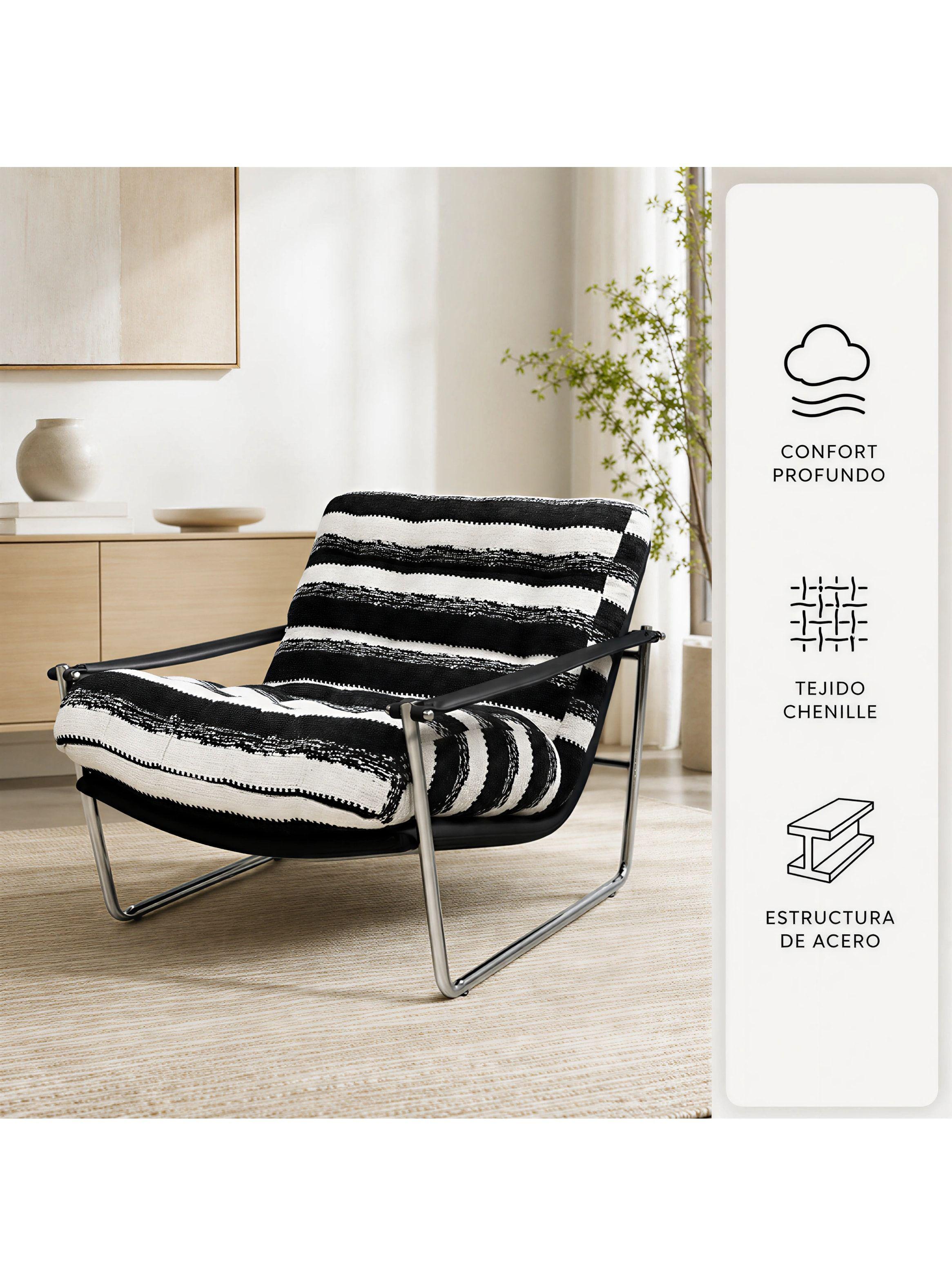 Sillón Victoria Chenille Tapizado Estructura Metálica Living Negro Rayado-1