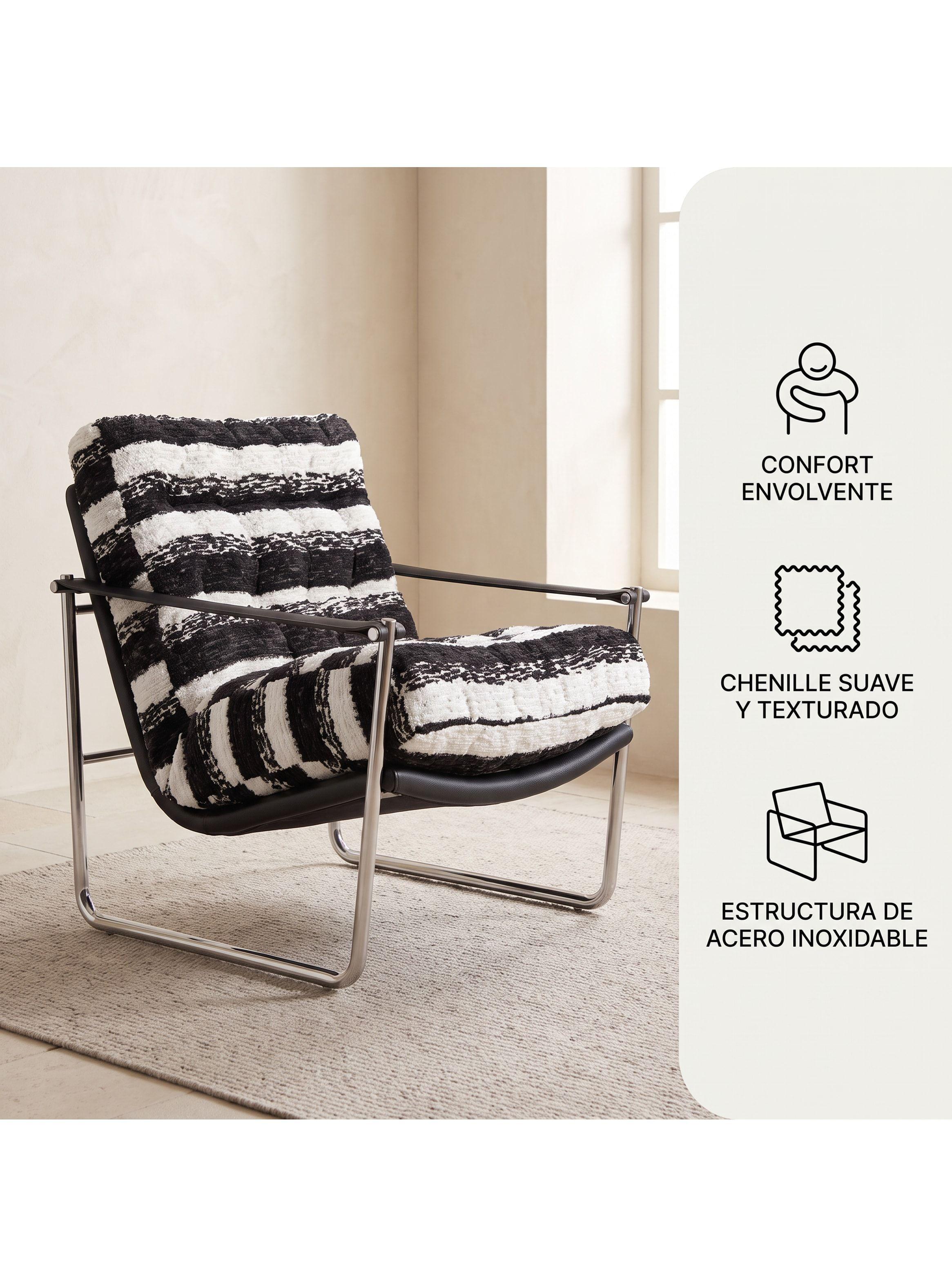 Sillón Victoria Chenille Tapizado Estructura Metálica Living Negro Rayado-7