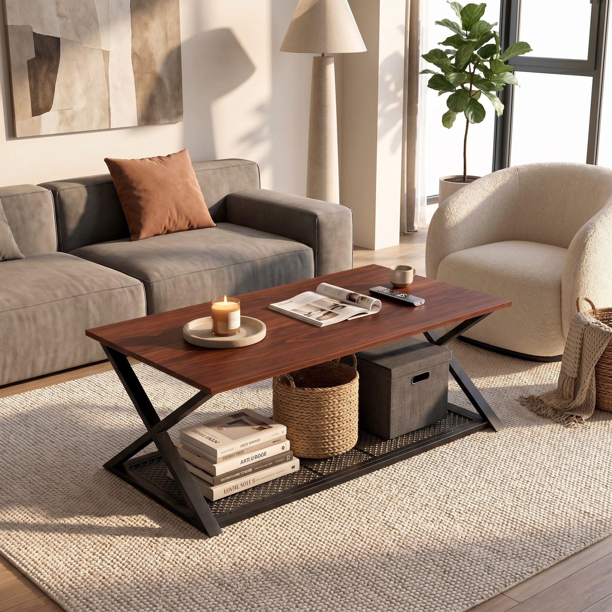 Mesa De Centro Minimalista Con Cubierta De Melamina 60x120cm Marrón Oscuro-4