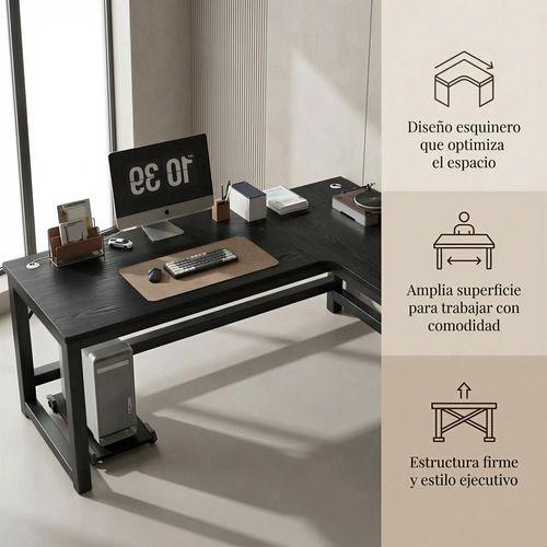 Escritorio Esquinero Forma L Base Metal Oficina 140x60x75cm Negro-1