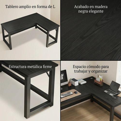 Escritorio Esquinero Forma L Base Metal Oficina 140x60x75cm Negro-3
