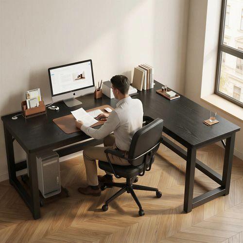 Escritorio Esquinero Forma L Base Metal Oficina 140x60x75cm Negro-4