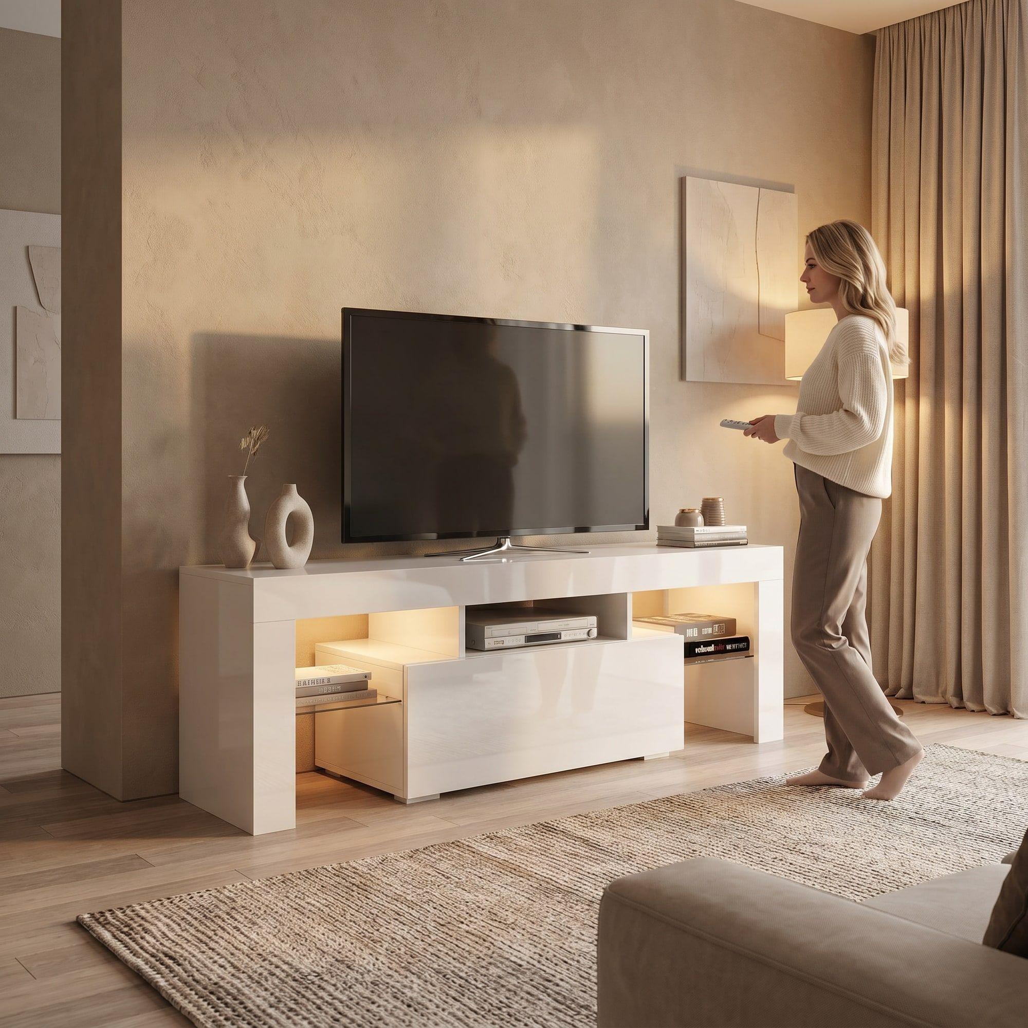 Rack Tv 120x36x45cm 2 Tiras Con Luz Variable Diseño Eeuu Color Blanco-4