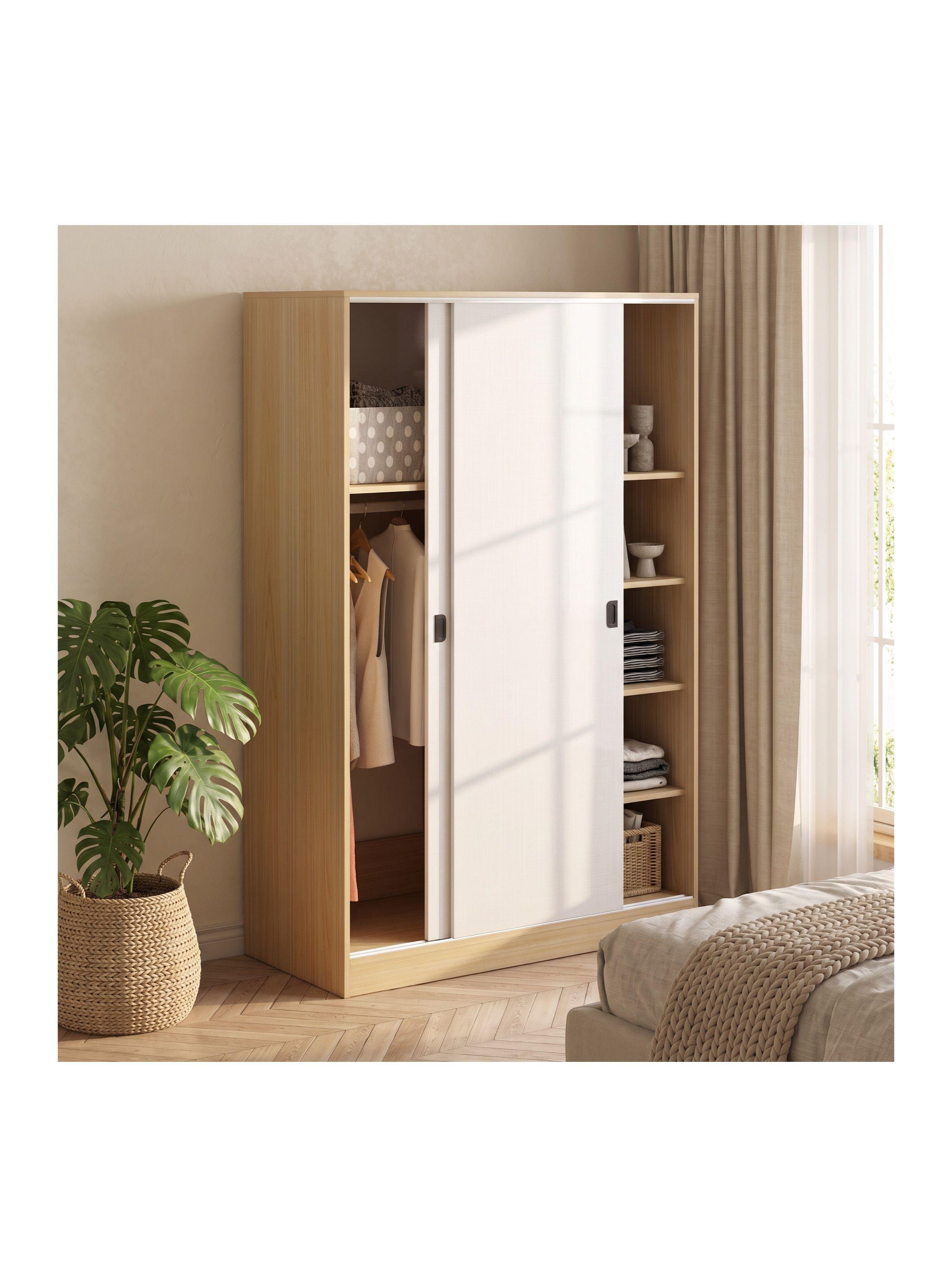 Clóset De 80 Cm Con Dos Puertas Correderas Y 5 Estantes Roble Claro Y Blanco YG80-A+B-0