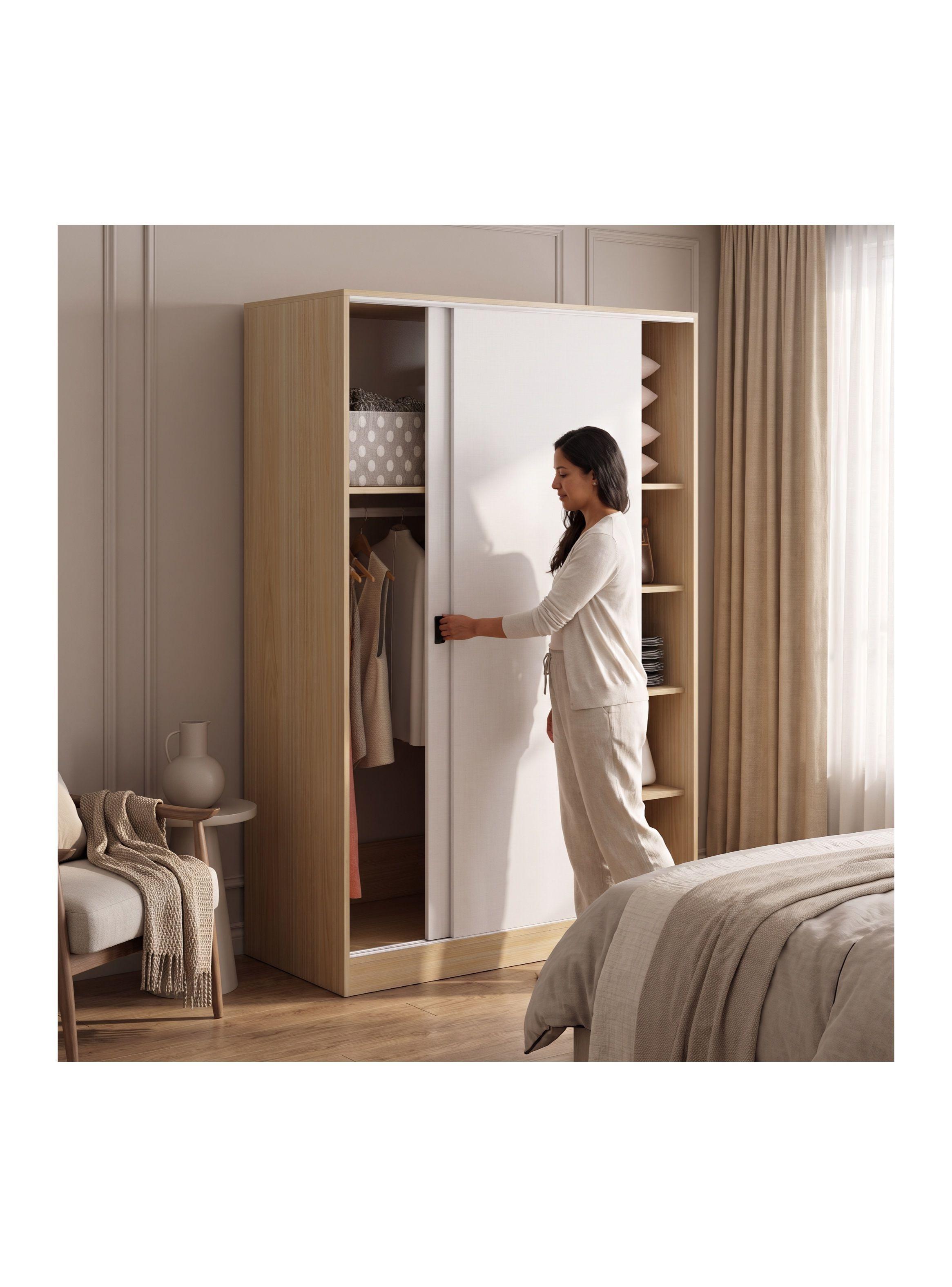 Clóset De 80 Cm Con Dos Puertas Correderas Y 5 Estantes Roble Claro Y Blanco YG80-A+B-5