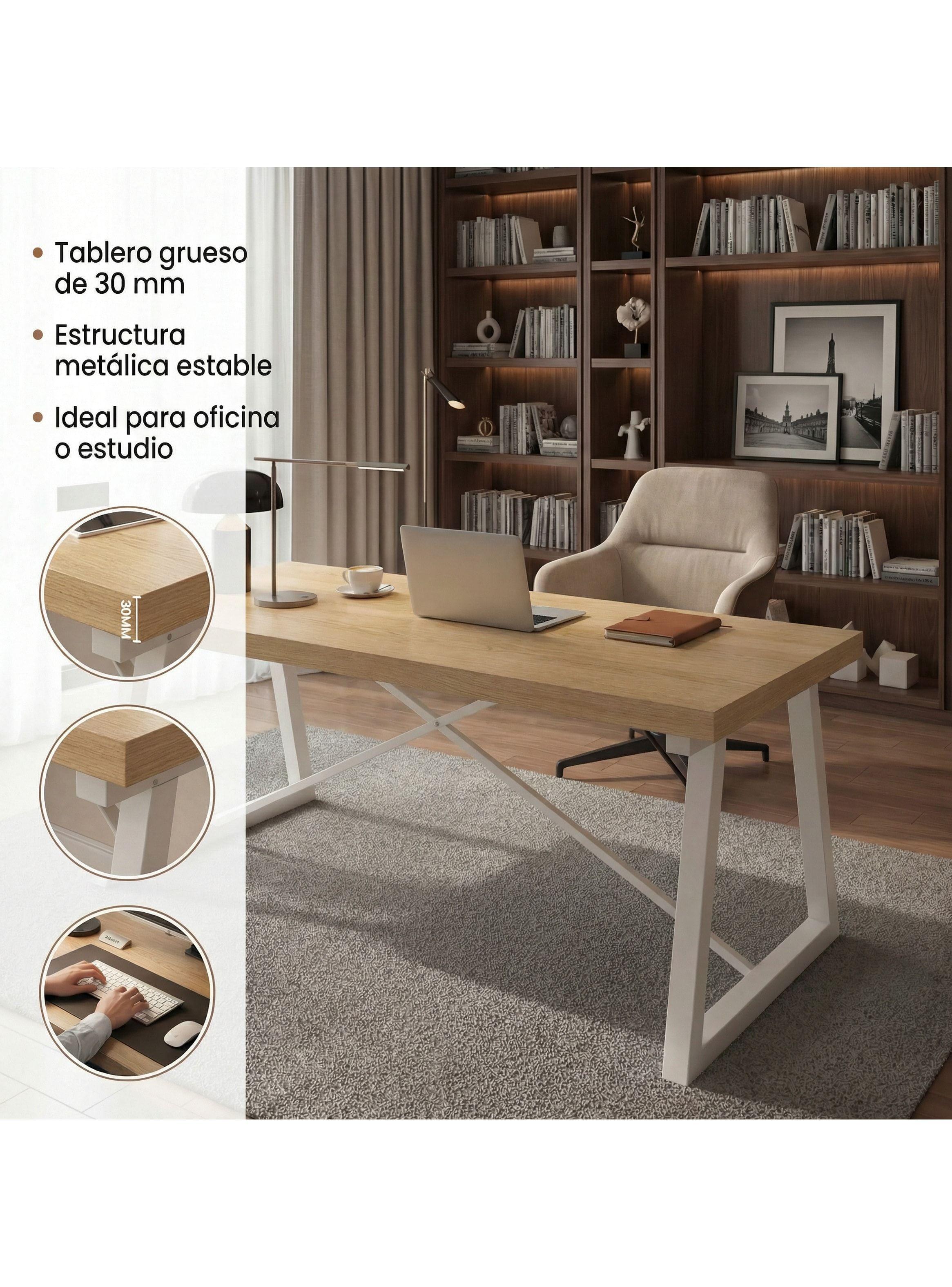 Escritorio Pata Metal Oficina 120x60x75cm Gruesa 30mm Marrón Claro-3