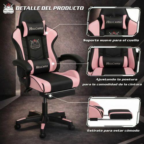 Silla Gamer Hell Castle Reclinable Con Cojin Lumbar Rosa Negro Cuero Sintético-6