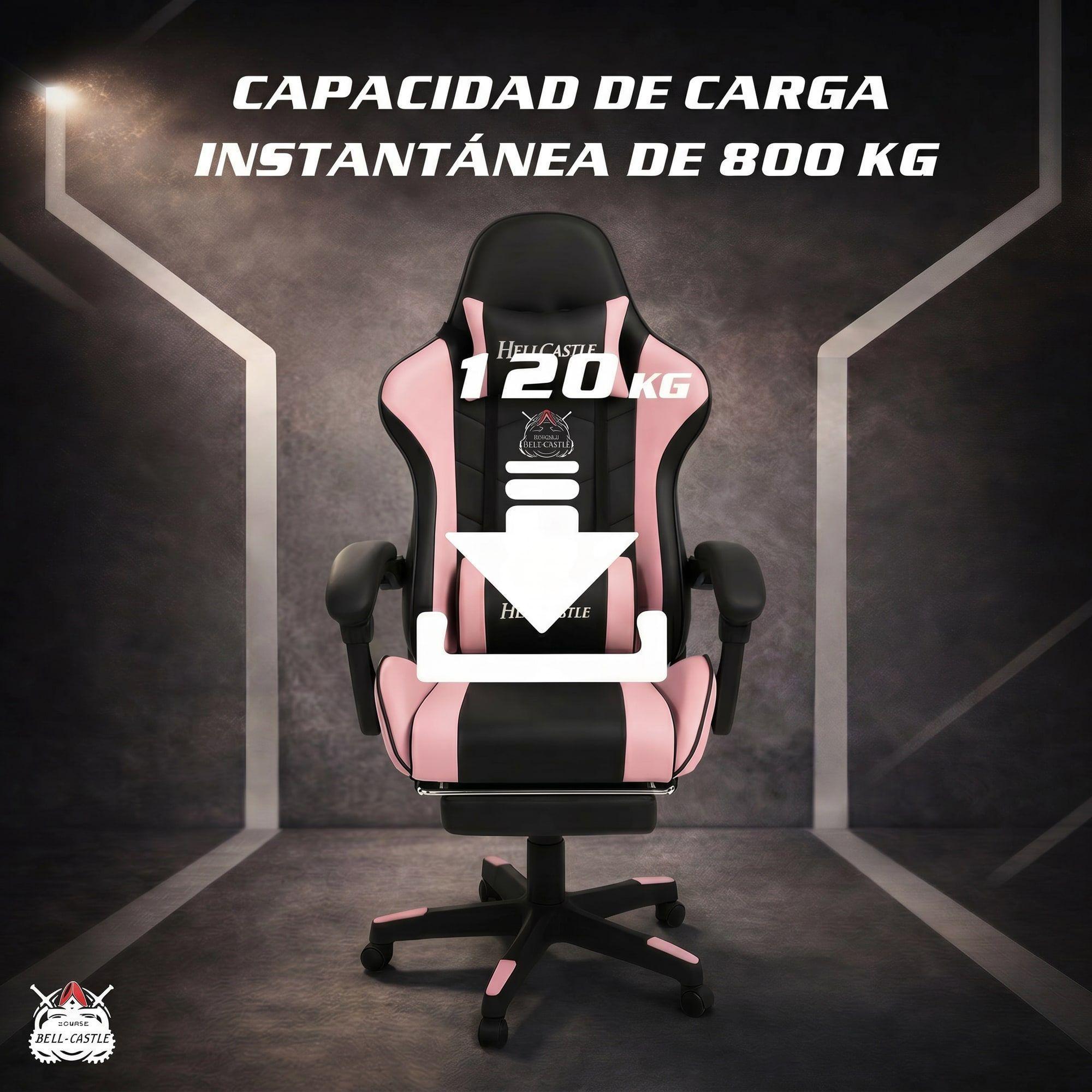 Silla Gamer Hell Castle Reclinable Con Cojin Lumbar Rosa Negro Cuero Sintético-2