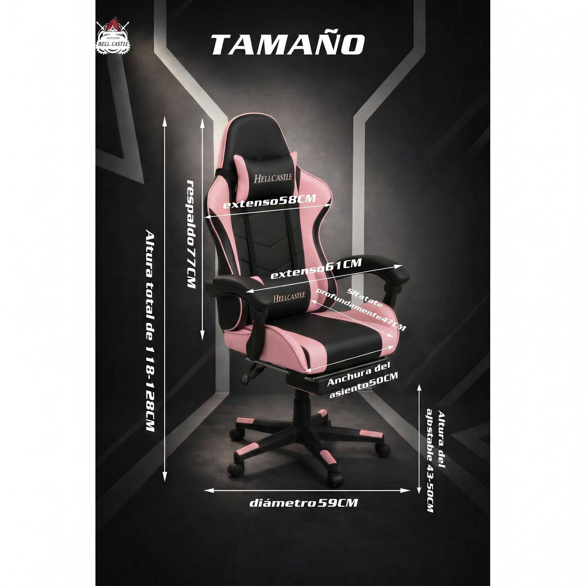 Silla Gamer Hell Castle Reclinable Con Cojin Lumbar Rosa Negro Cuero Sintético-3