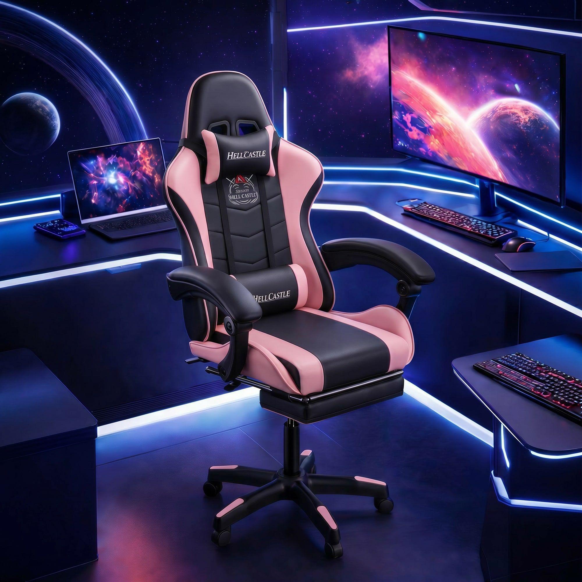 Silla Gamer Hell Castle Reclinable Con Cojin Lumbar Rosa Negro Cuero Sintético-4