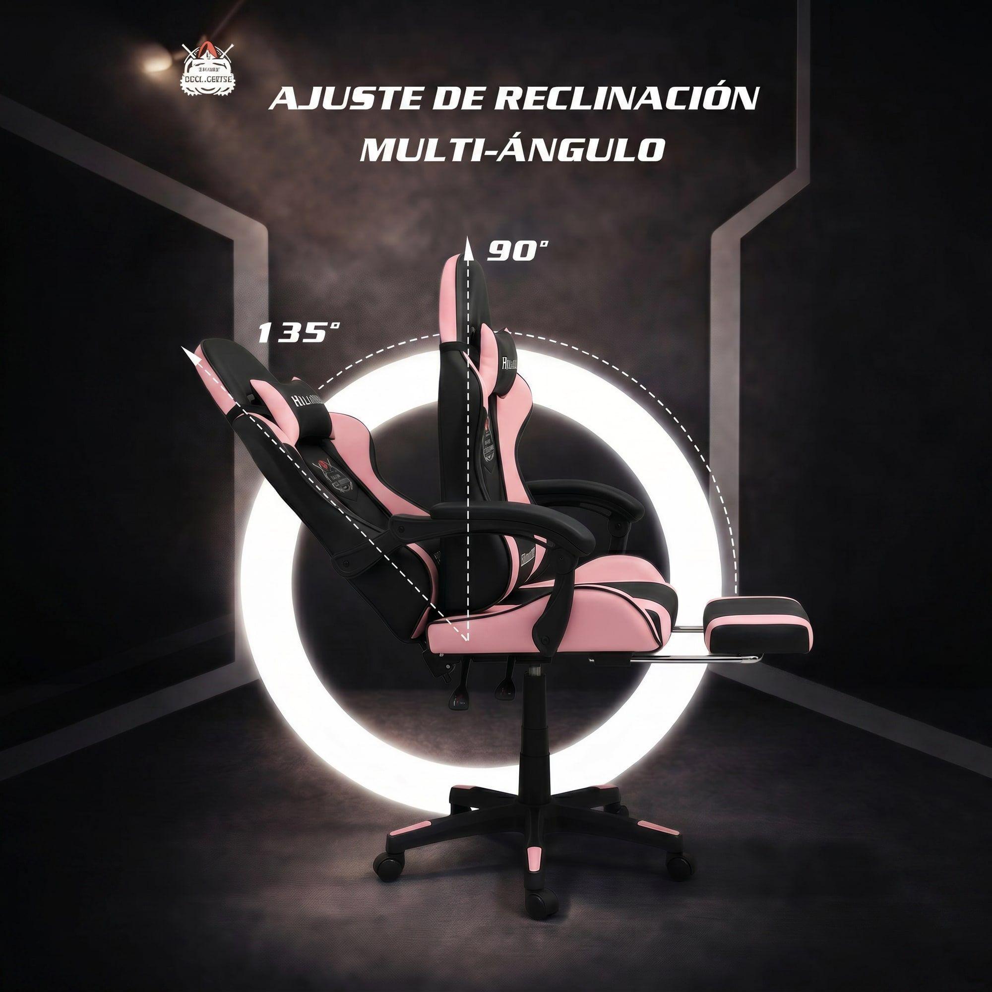 Silla Gamer Hell Castle Reclinable Con Cojin Lumbar Rosa Negro Cuero Sintético-5