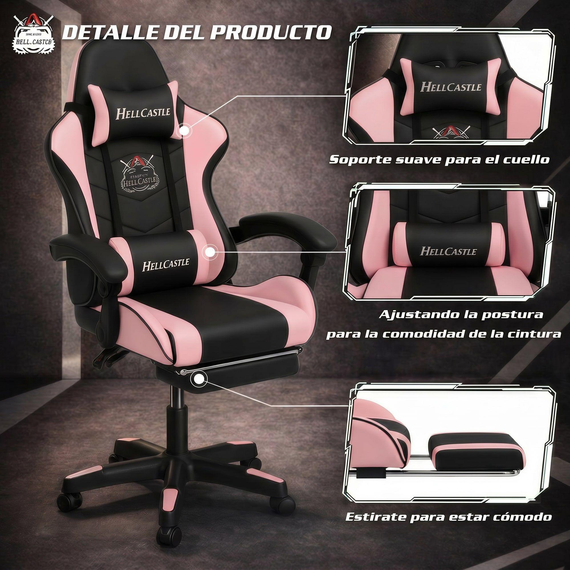 Silla Gamer Hell Castle Reclinable Con Cojin Lumbar Rosa Negro Cuero Sintético-6