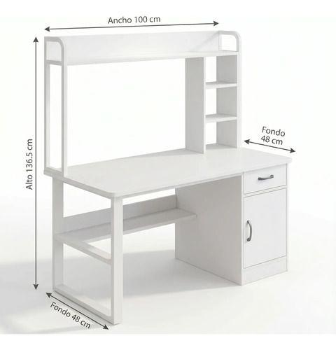 Escritorio Para Oficina Moderno Con Estantería 100x48x137cm Blanco-2