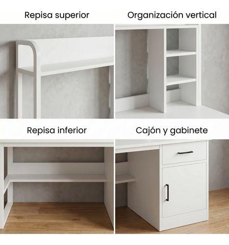 Escritorio Para Oficina Moderno Con Estantería 100x48x137cm Blanco-3