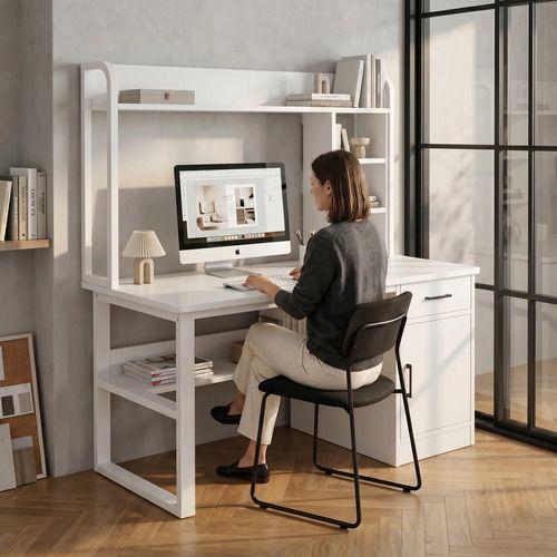 Escritorio Para Oficina Moderno Con Estantería 100x48x137cm Blanco-7