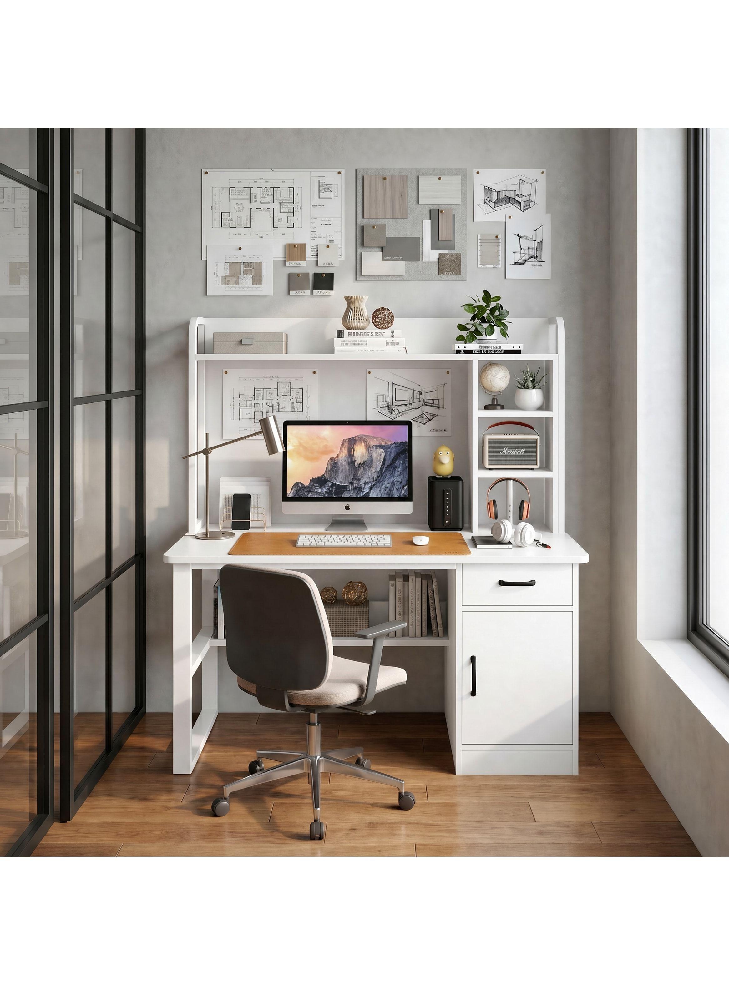 Escritorio Para Oficina Moderno Con Estantería 100x48x137cm Blanco-0