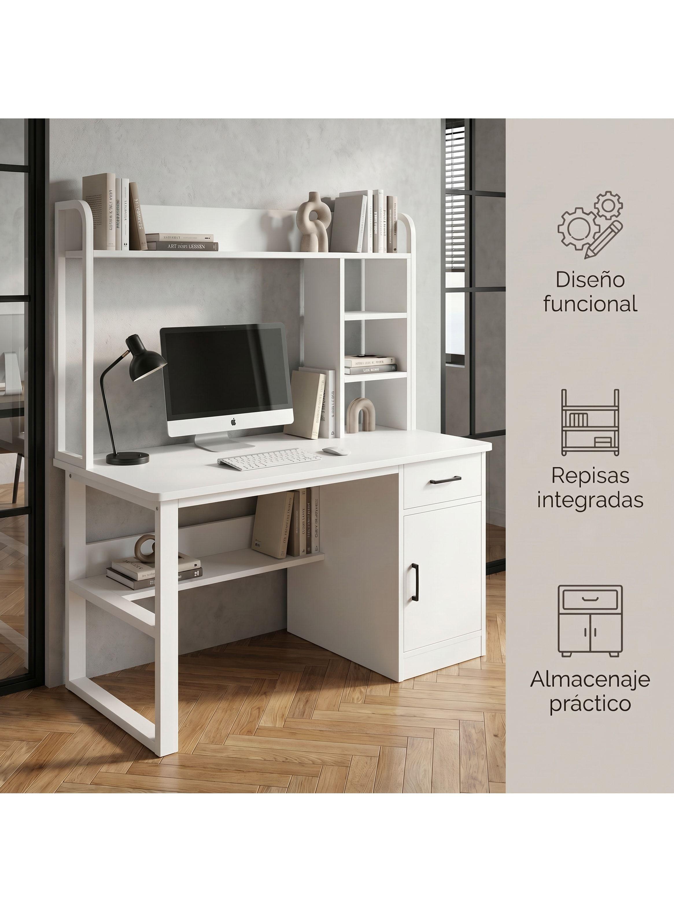 Escritorio Para Oficina Moderno Con Estantería 100x48x137cm Blanco-1