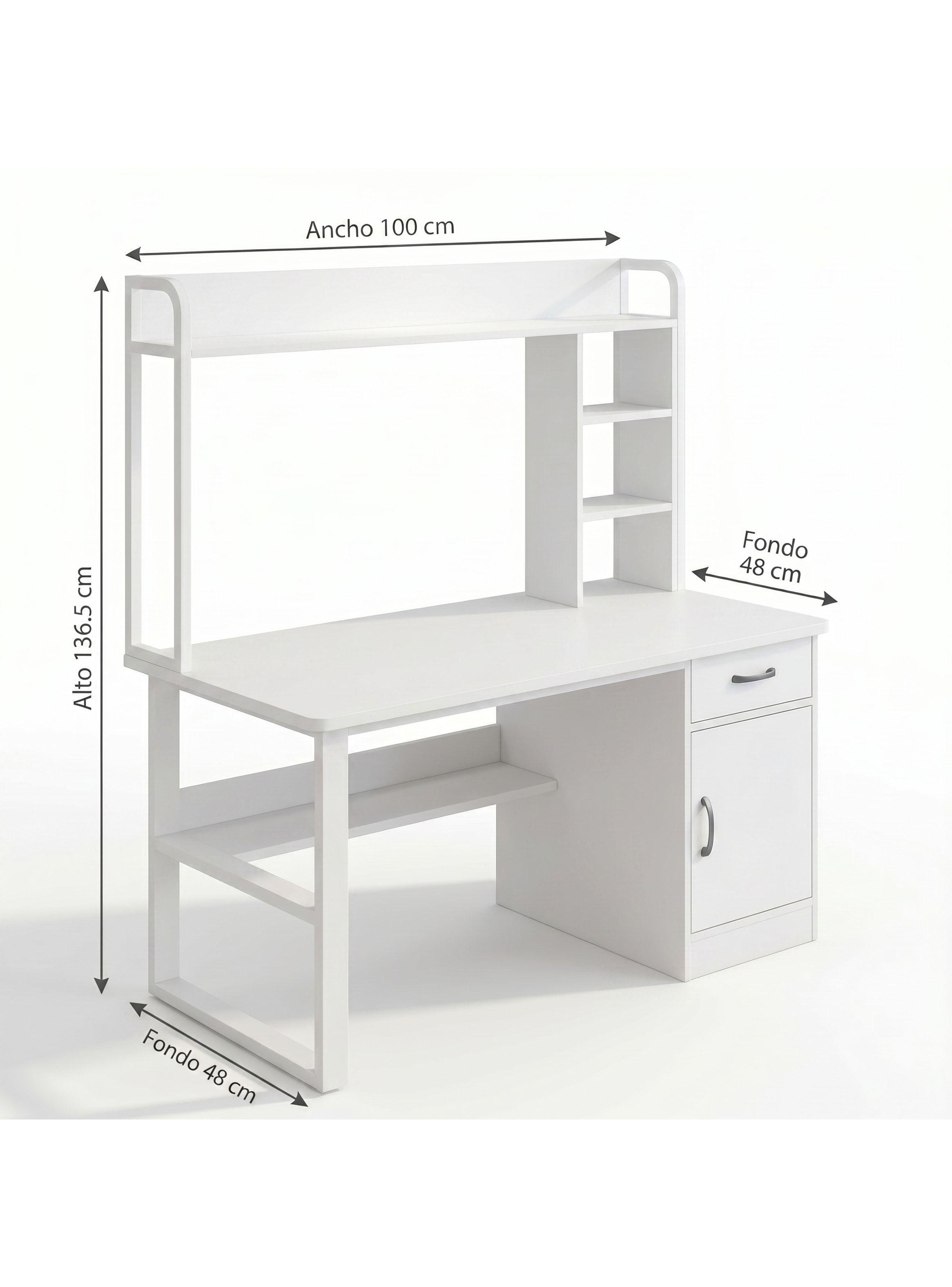 Escritorio Para Oficina Moderno Con Estantería 100x48x137cm Blanco-2
