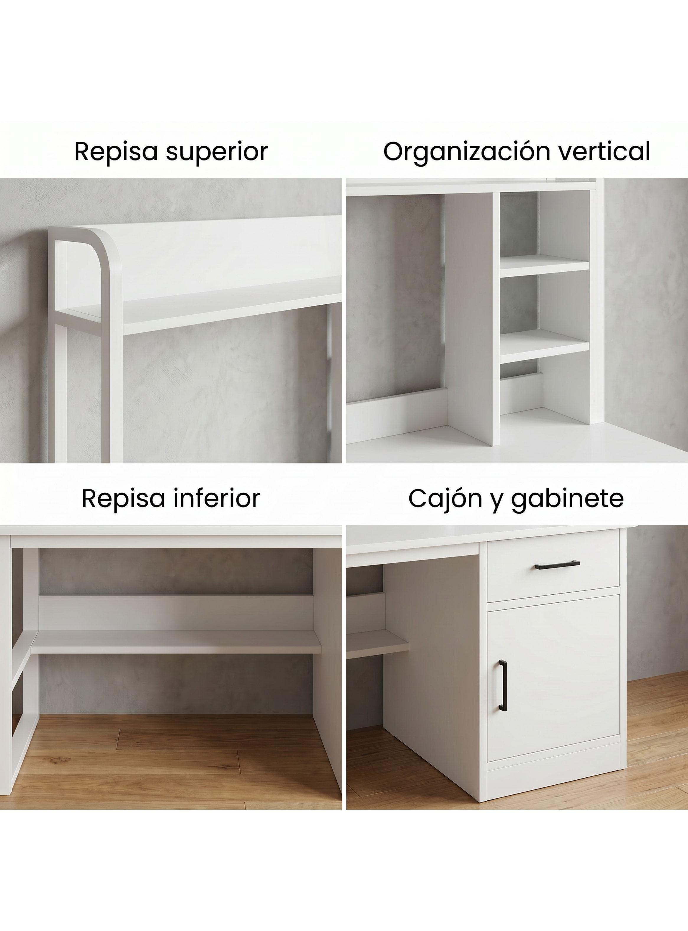 Escritorio Para Oficina Moderno Con Estantería 100x48x137cm Blanco-3