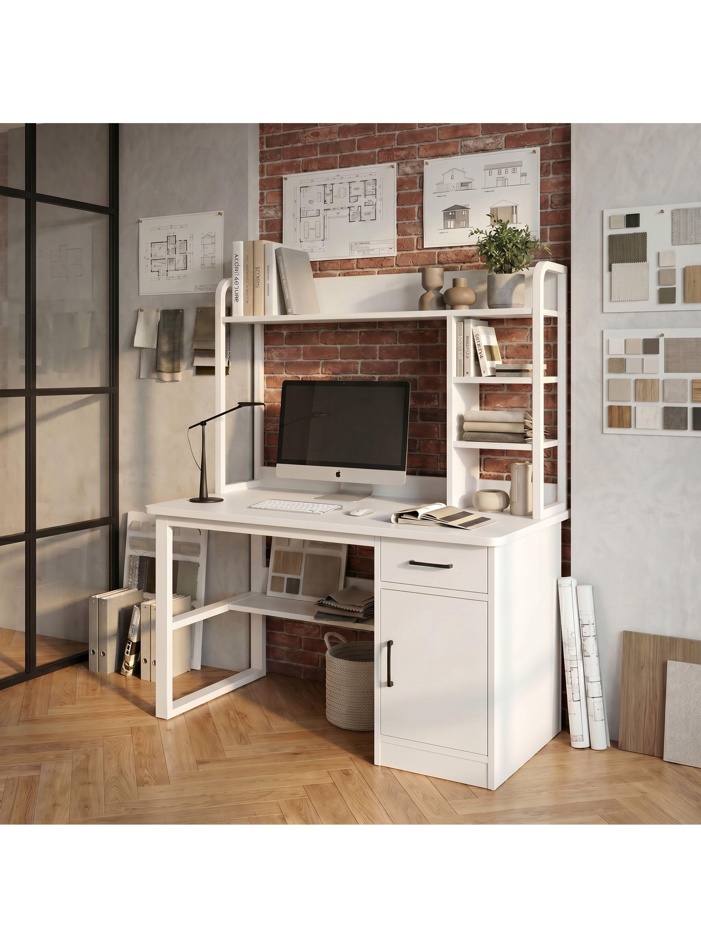 Escritorio Para Oficina Moderno Con Estantería 100x48x137cm Blanco-4