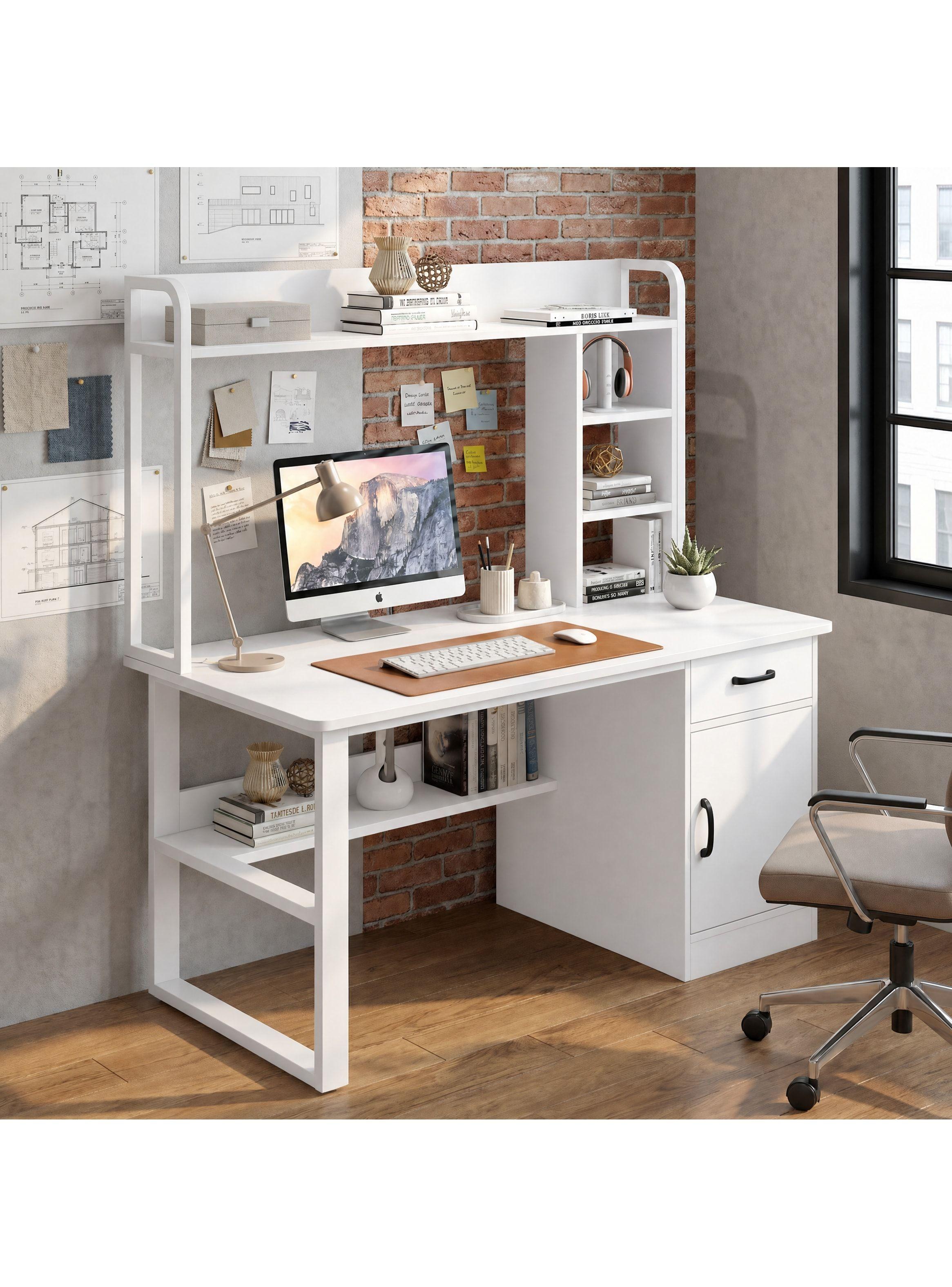 Escritorio Para Oficina Moderno Con Estantería 100x48x137cm Blanco-5