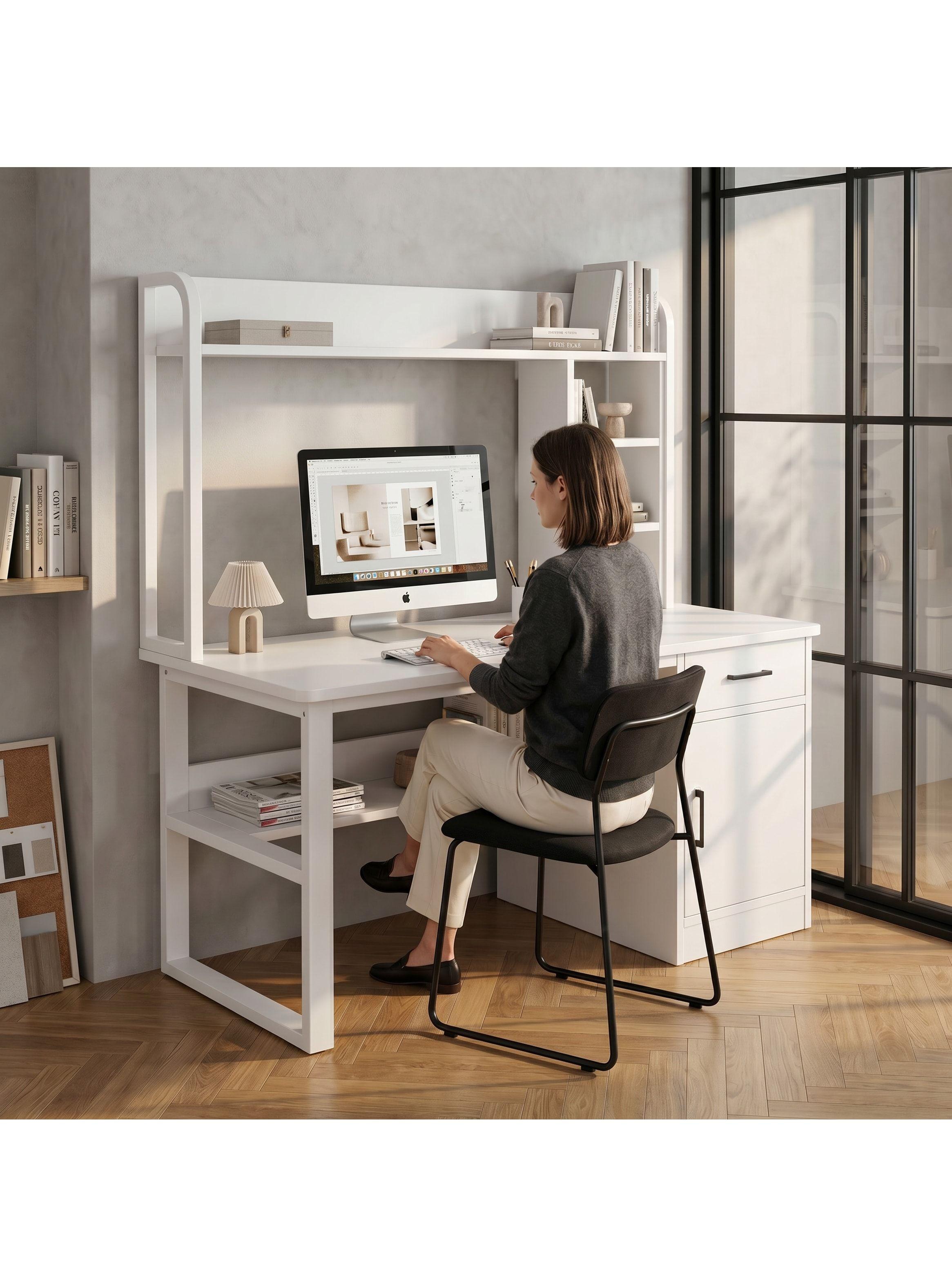 Escritorio Para Oficina Moderno Con Estantería 100x48x137cm Blanco-7