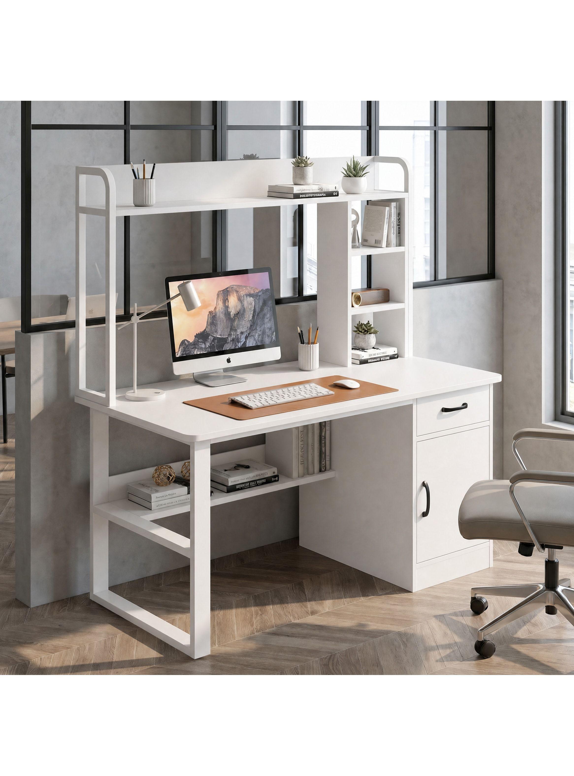 Escritorio Para Oficina Moderno Con Estantería 100x48x137cm Blanco-8