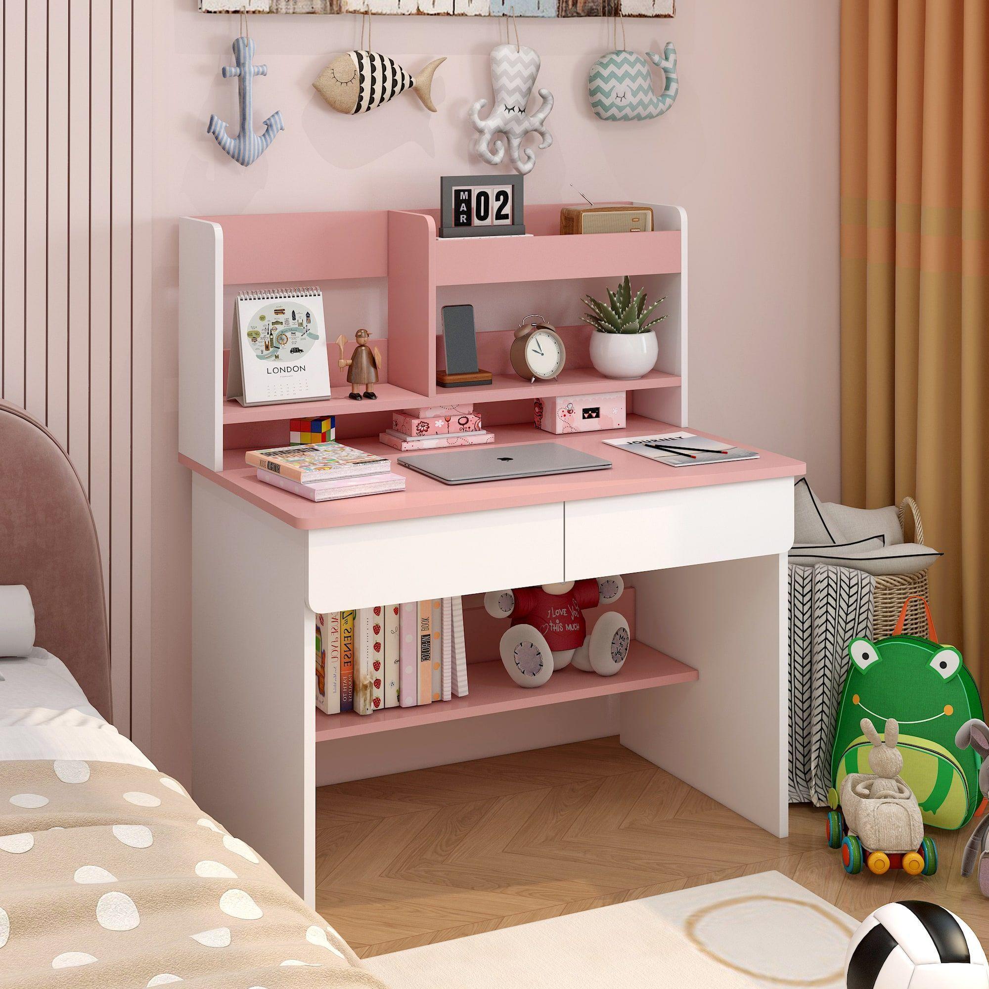 Escritorio Infantil Con Estante Y Organizadores 80x45x115cm Rosa-0