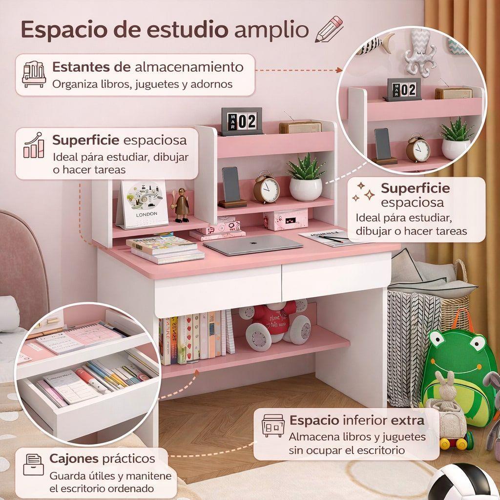 Escritorio Infantil Con Estante Y Organizadores 80x45x115cm Rosa-5