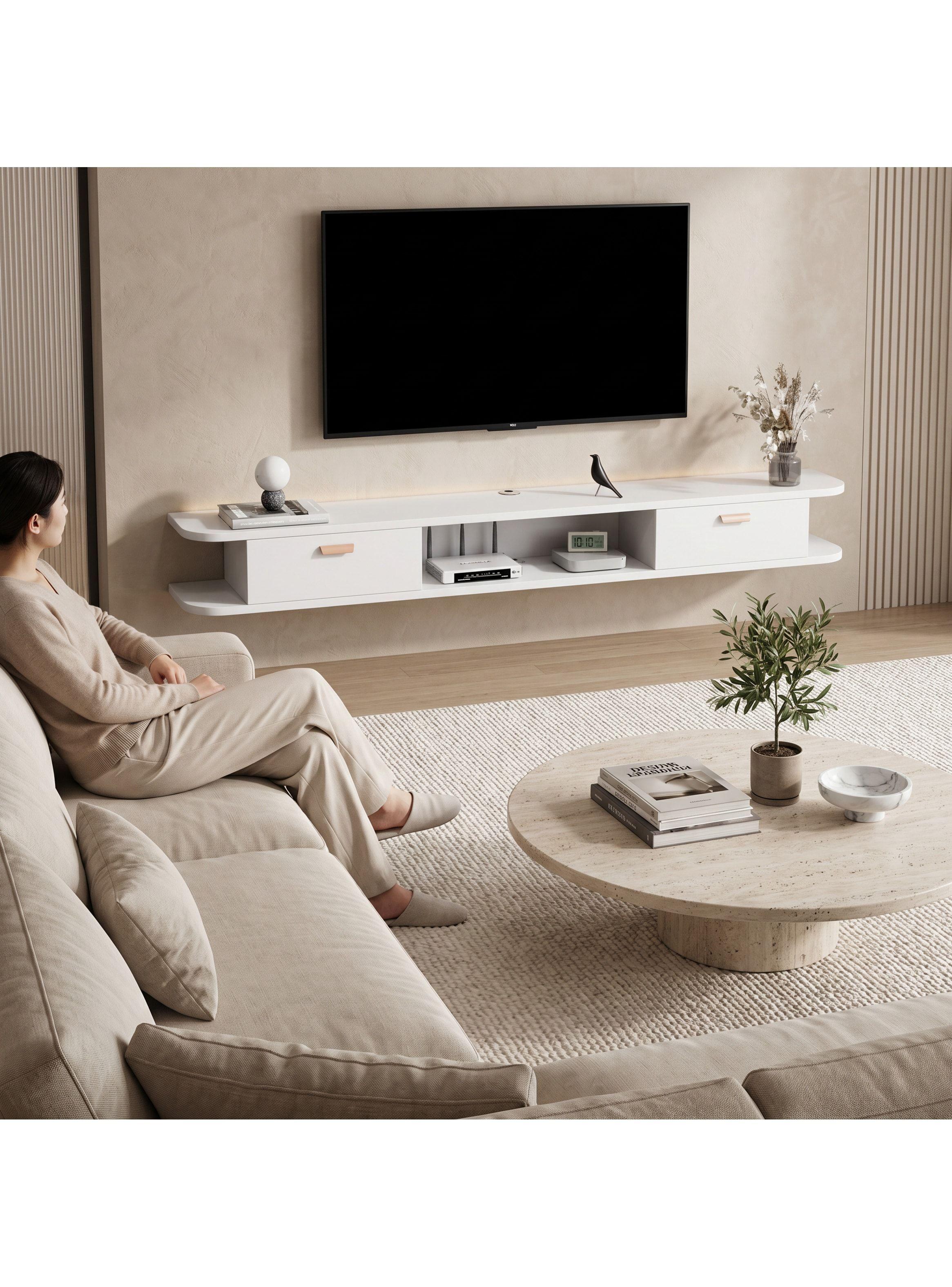 Rack Tv 140x24x18cm Flotante Melamina Homer Design 2 Cajones-7