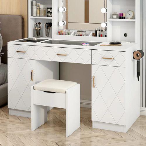 Tocador Espejo Hollywood Taburete Enchufe Repisa Con Vidrio Rayo Dorado Eeuu-4