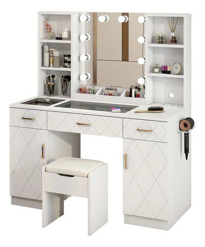 Tocador Espejo Hollywood Taburete Enchufe Repisa Con Vidrio Rayo Dorado Eeuu-6