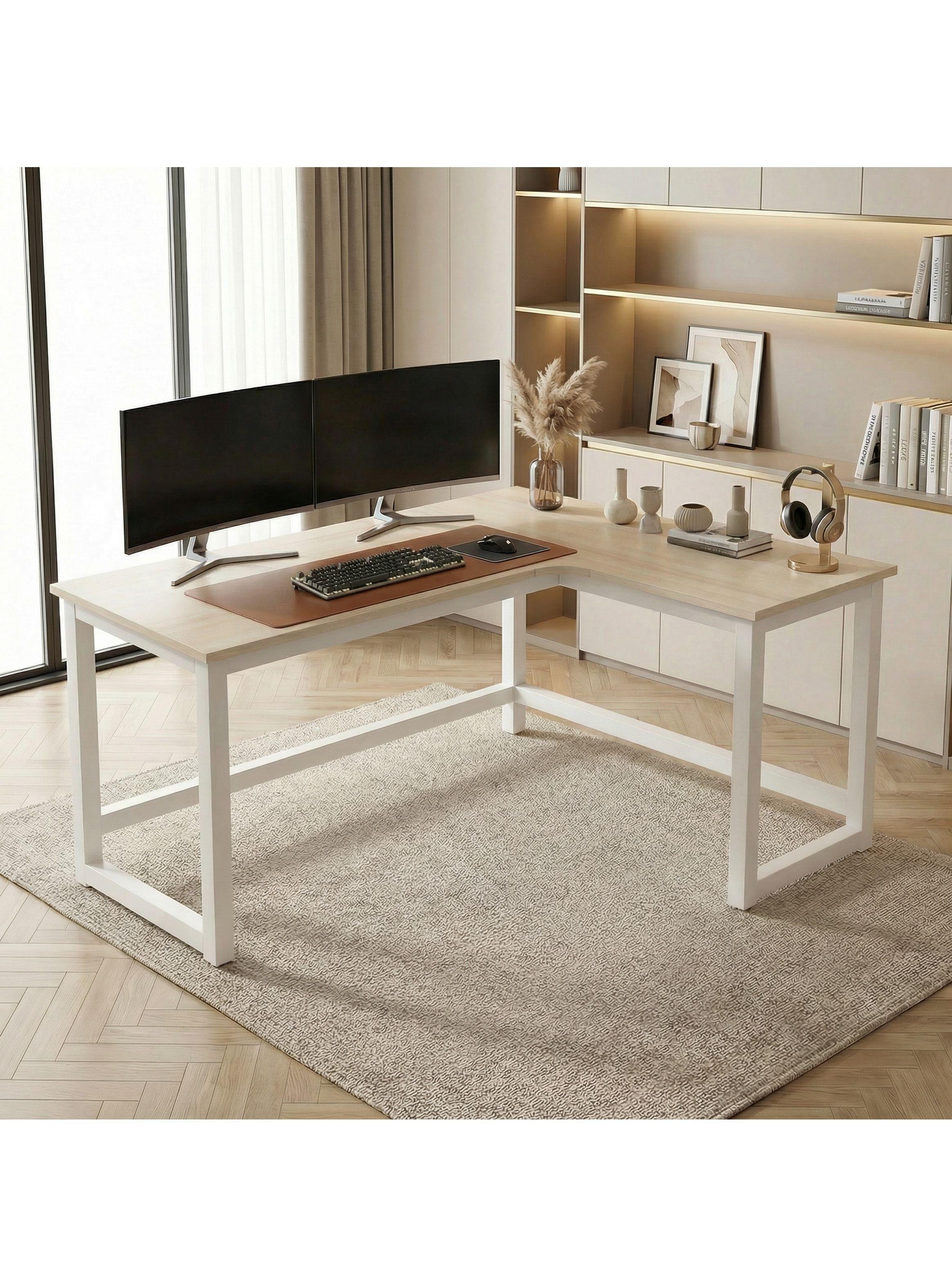 Escritorio Esquinero Forma L Base Metal Oficina 140x60x75cm Color Blanco-6