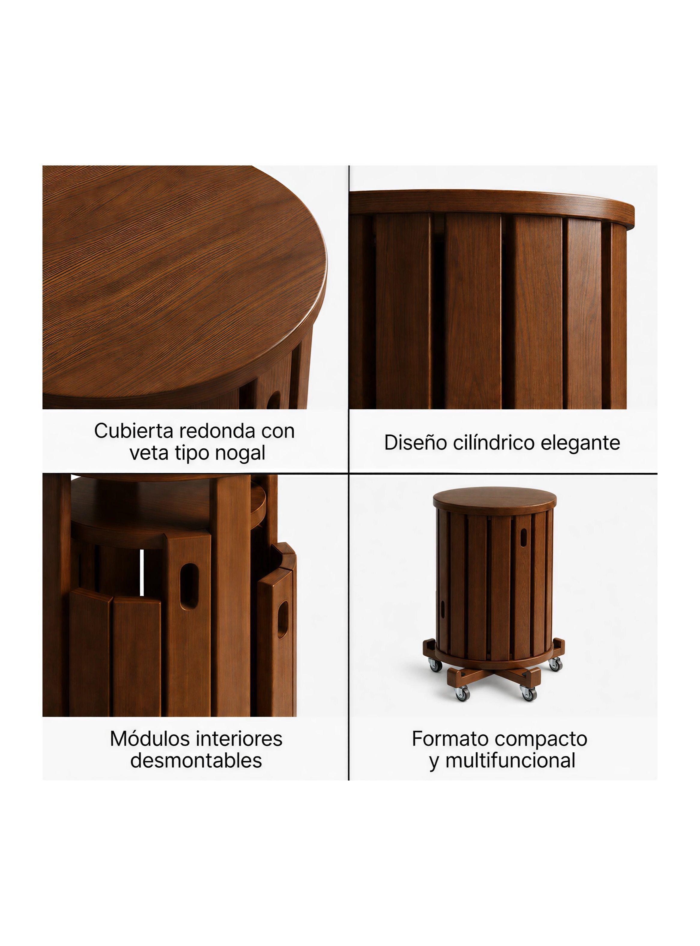 Set 4 Taburetes Apilables Con Mesa Lateral Y Base Con Ruedas Barnizado Marrón Oscuro-3