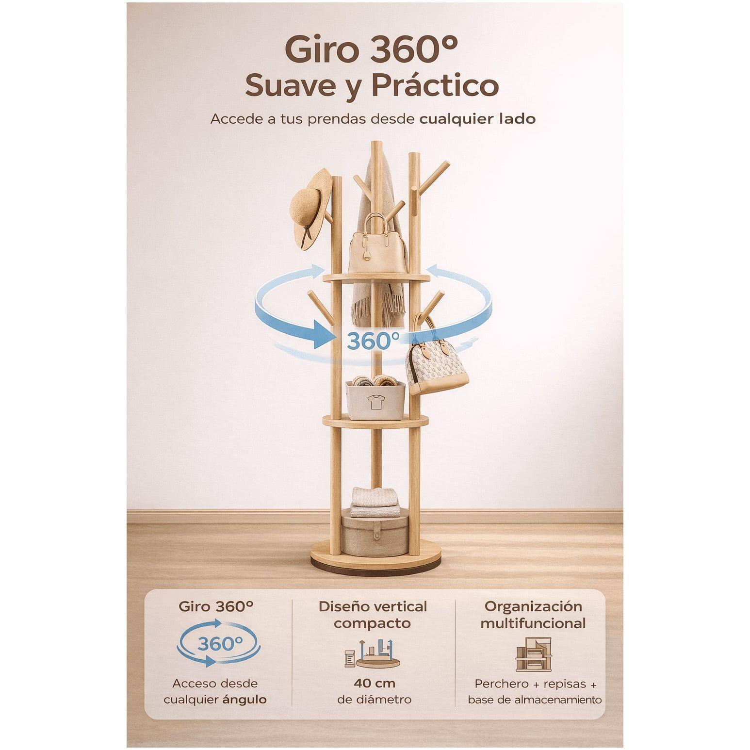 Perchero Giratorio Árbol Con Repisa Dormitorio Entrada 164cm Marrón-3