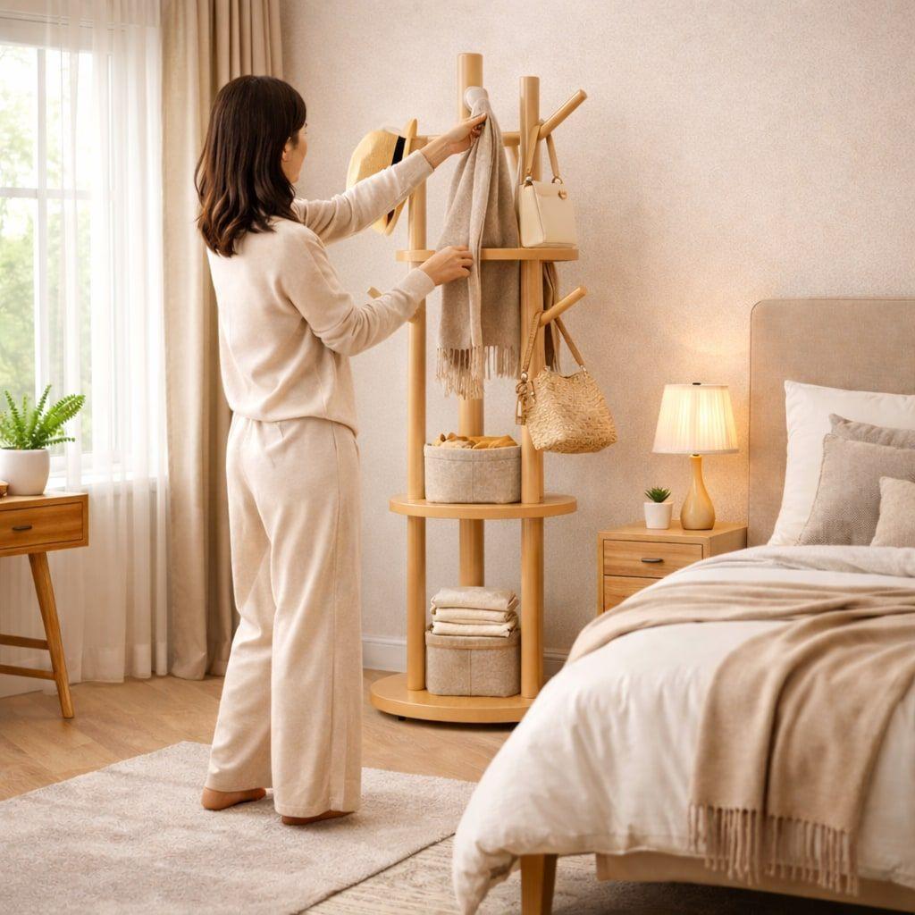Perchero Giratorio Árbol Con Repisa Dormitorio Entrada 164cm Marrón-6