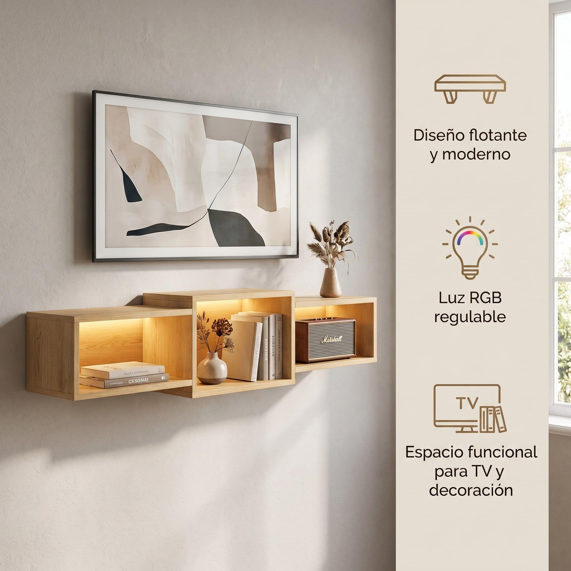 Rack Tv Flotante 120x28x15cm Con Luz Variable Pasacables Negro-2