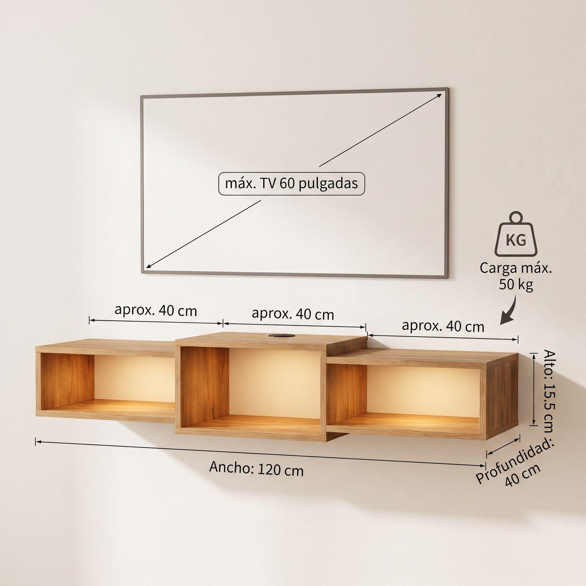 Rack Tv Flotante 120x28x15cm Con Luz Variable Pasacables Negro-3