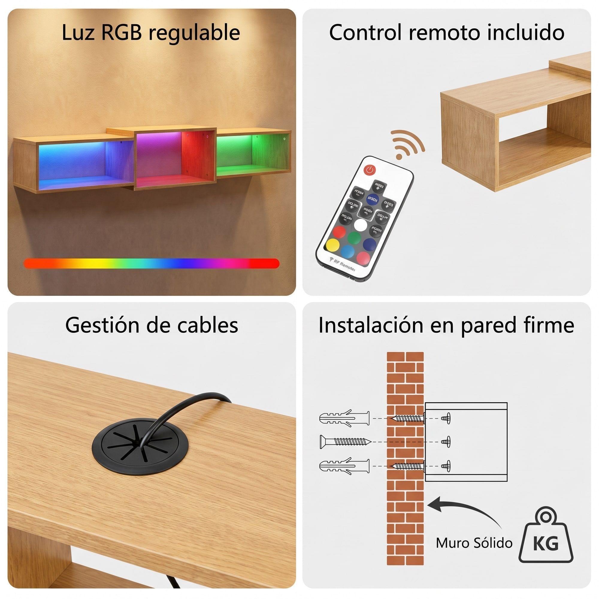 Rack Tv Flotante 120x28x15cm Con Luz Variable Pasacables Negro-4