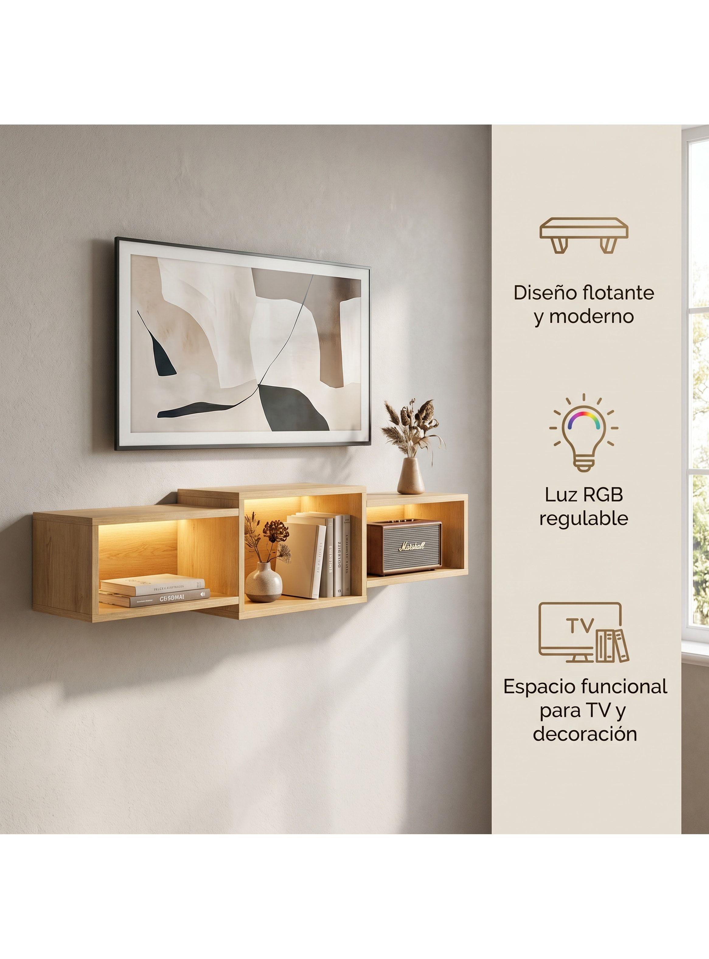 Rack Tv Flotante 120x28x15cm Con Luz Variable Pasacables Negro-2