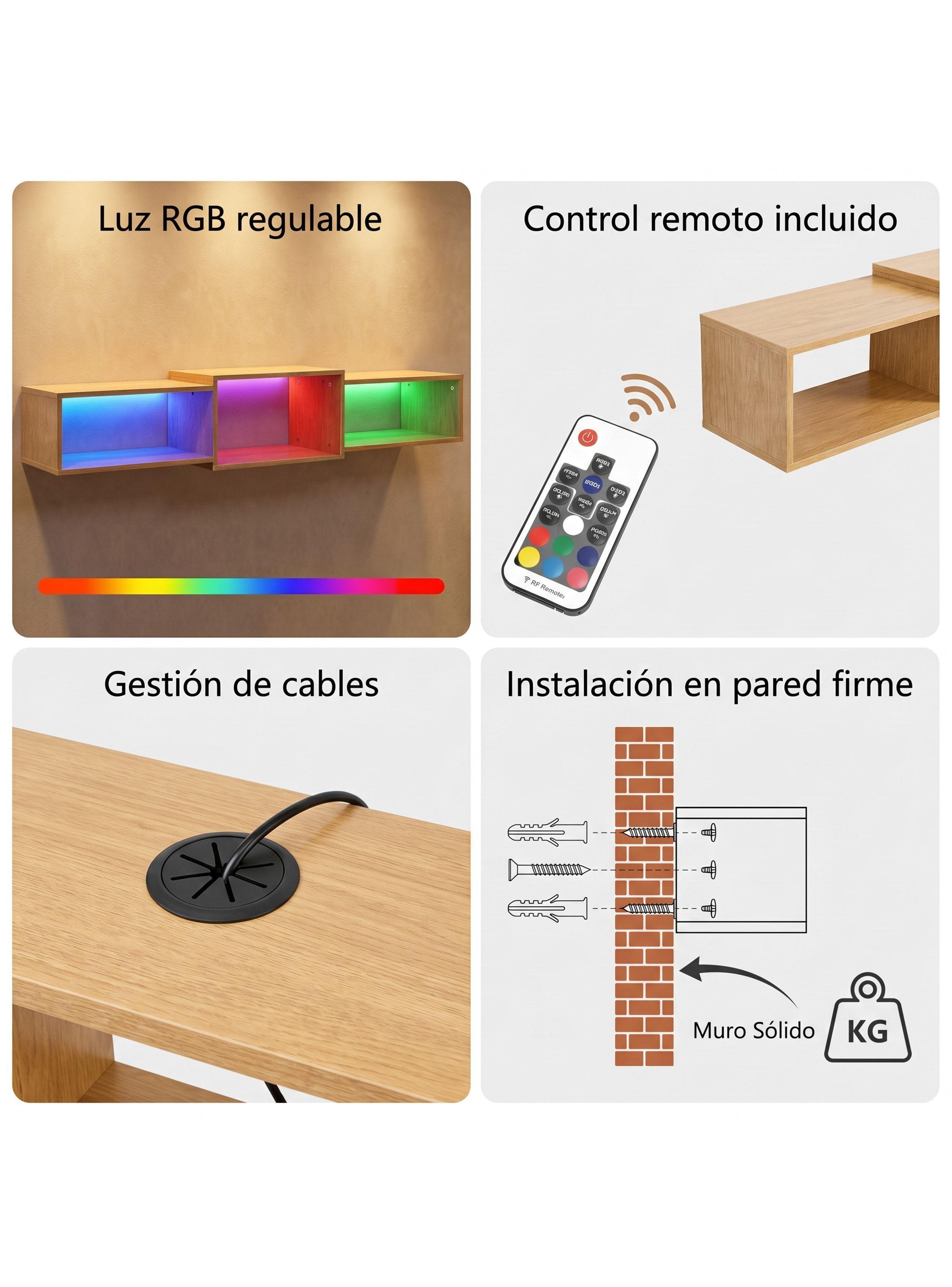 Rack Tv Flotante 120x28x15cm Con Luz Variable Pasacables Negro-4