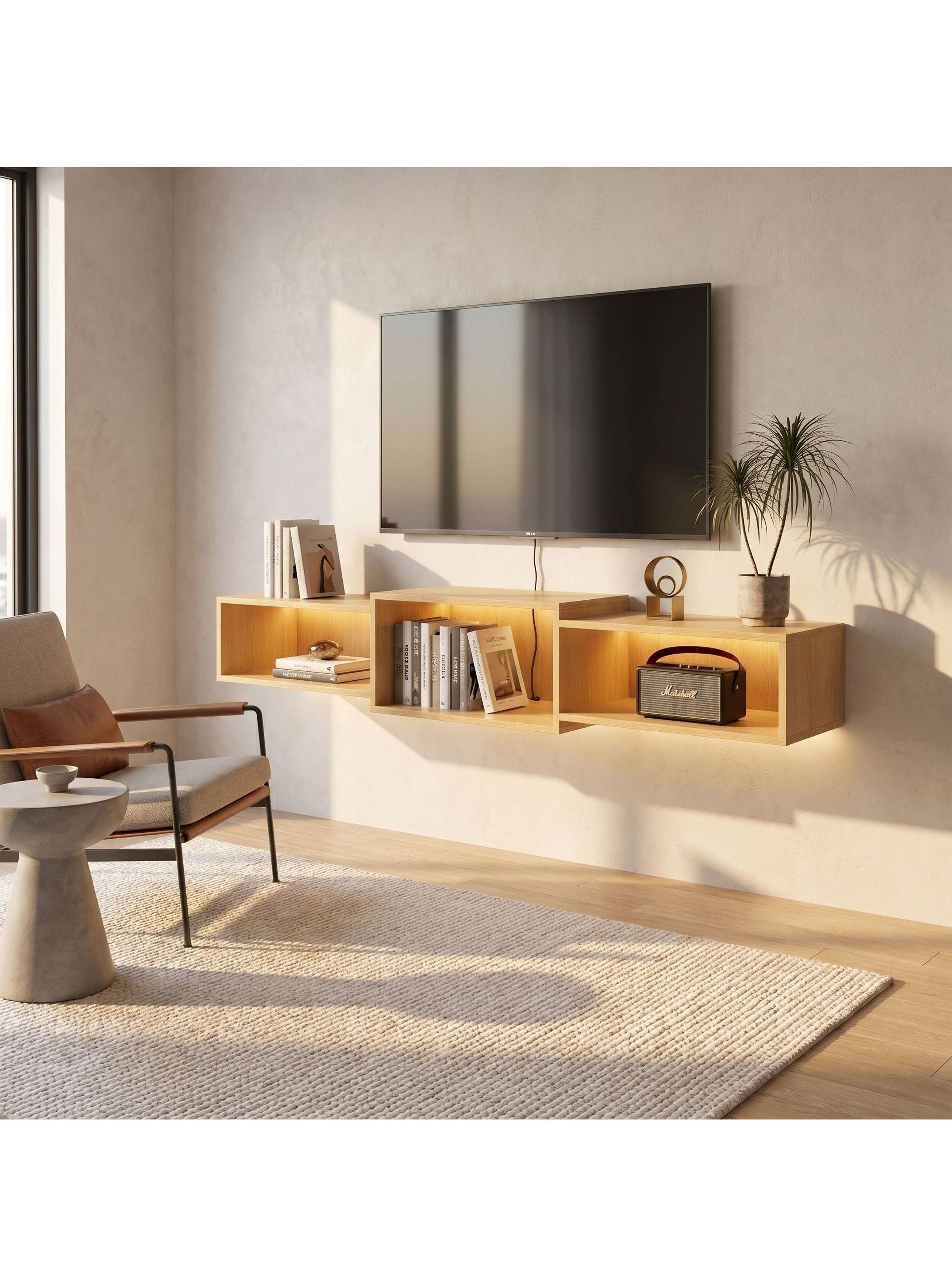 Rack Tv Flotante 120x28x15cm Con Luz Variable Pasacables Negro-5