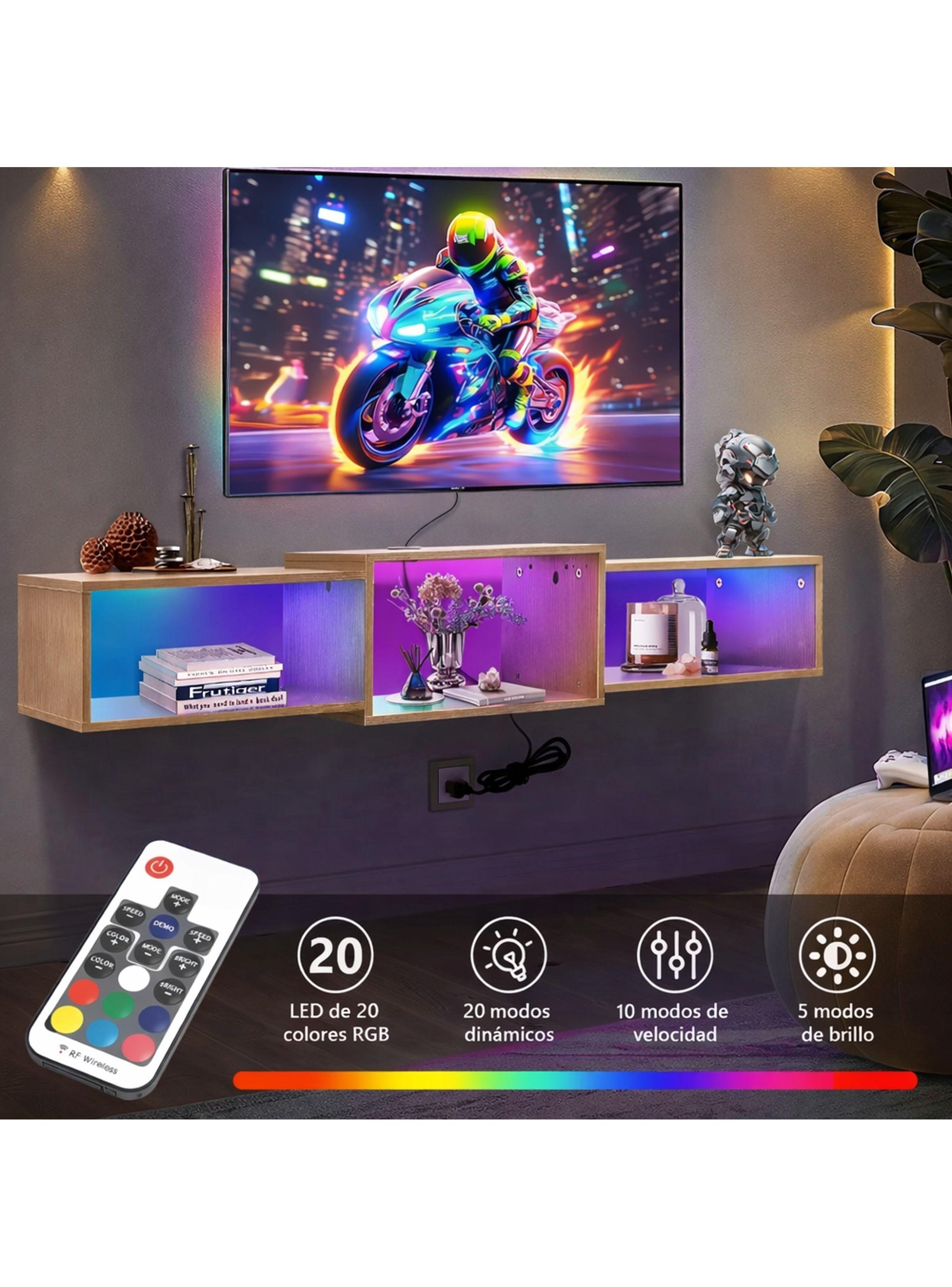 Rack Tv Flotante 120x28x15cm Con Luz Variable Pasacables Negro-8