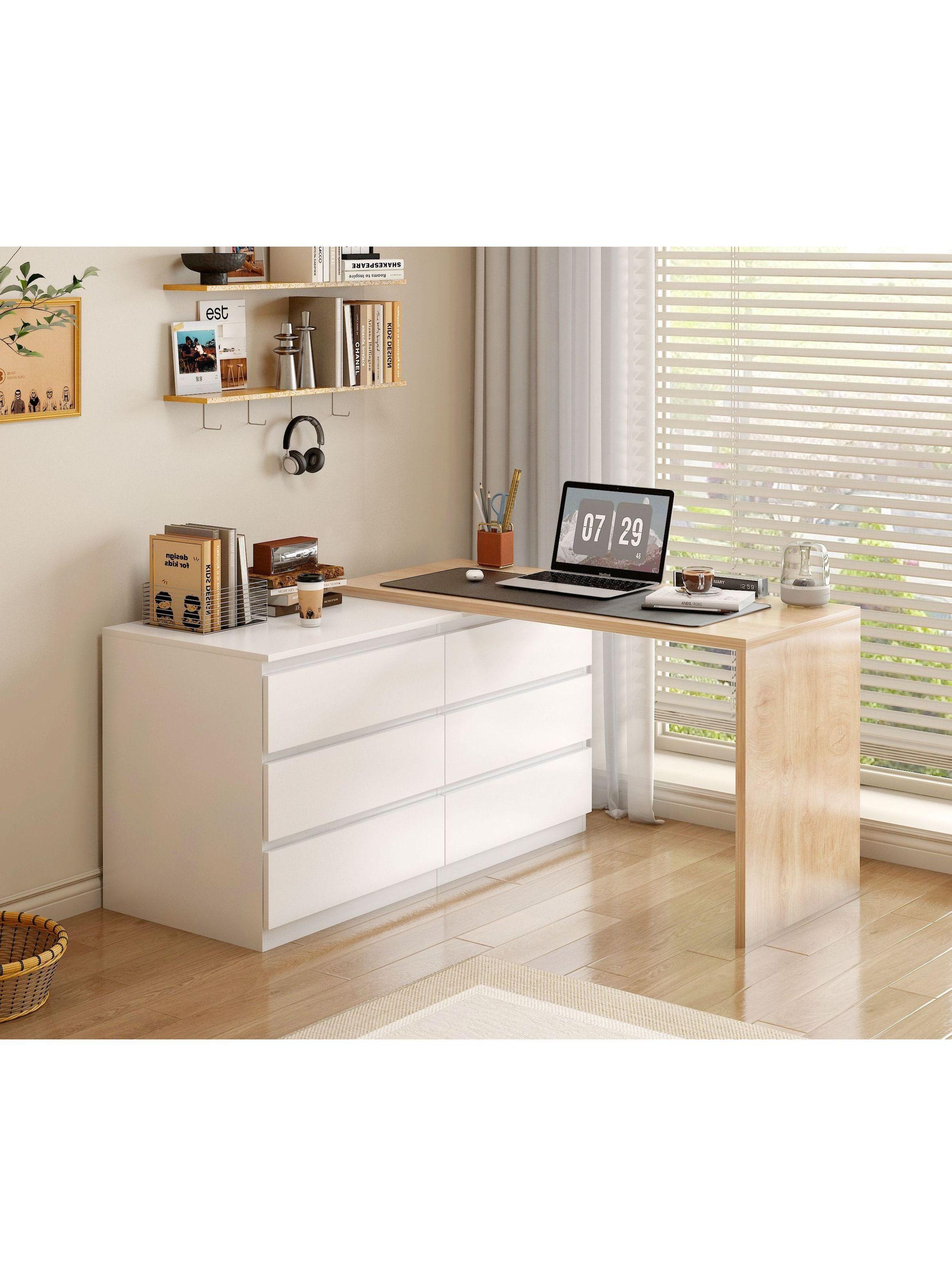 Escritorio Convertible En L+comoda 120x40x70+120x40x68cm Blanco Con Marron-4