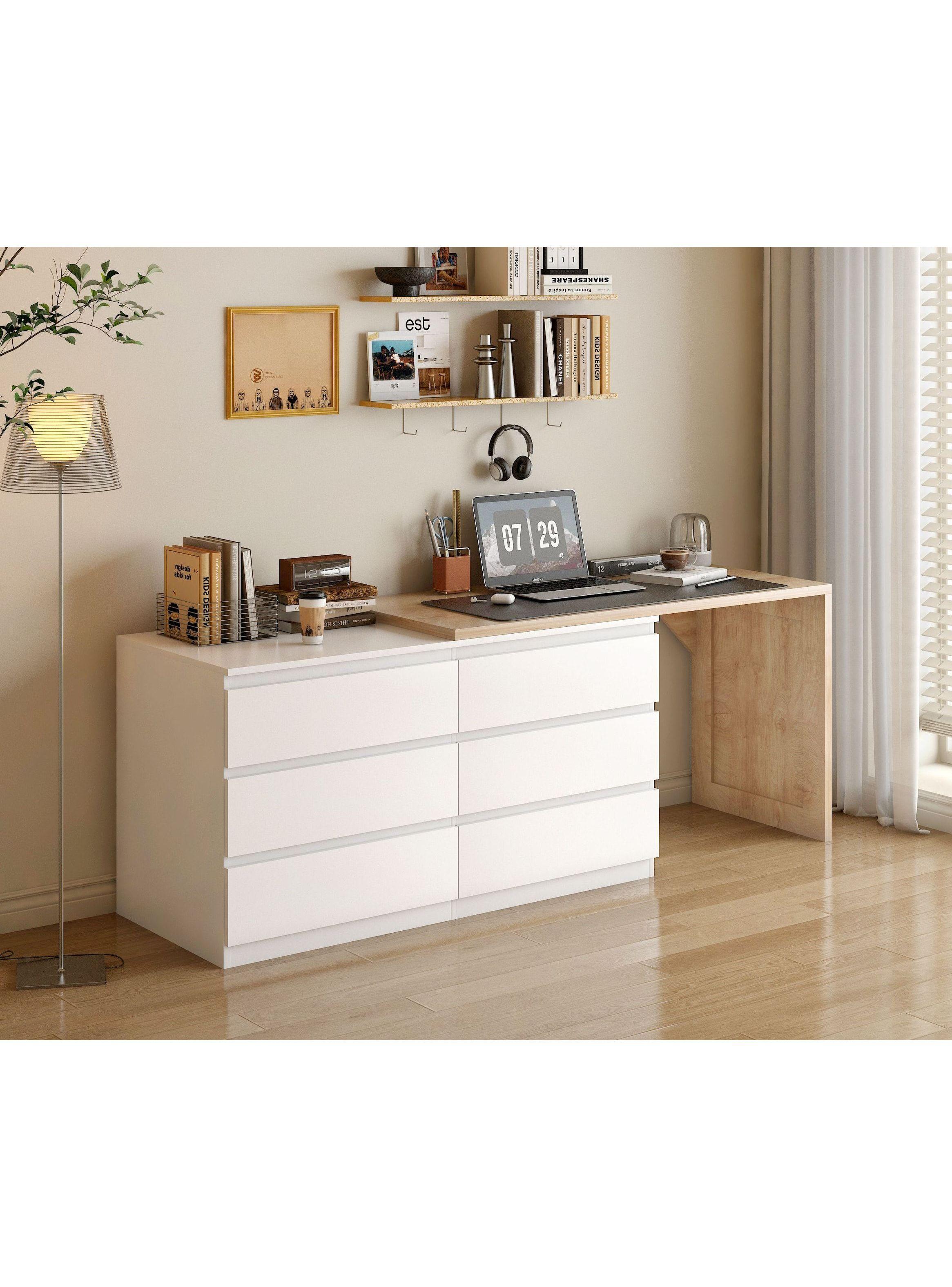 Escritorio Convertible En L+comoda 120x40x70+120x40x68cm Blanco Con Marron-5